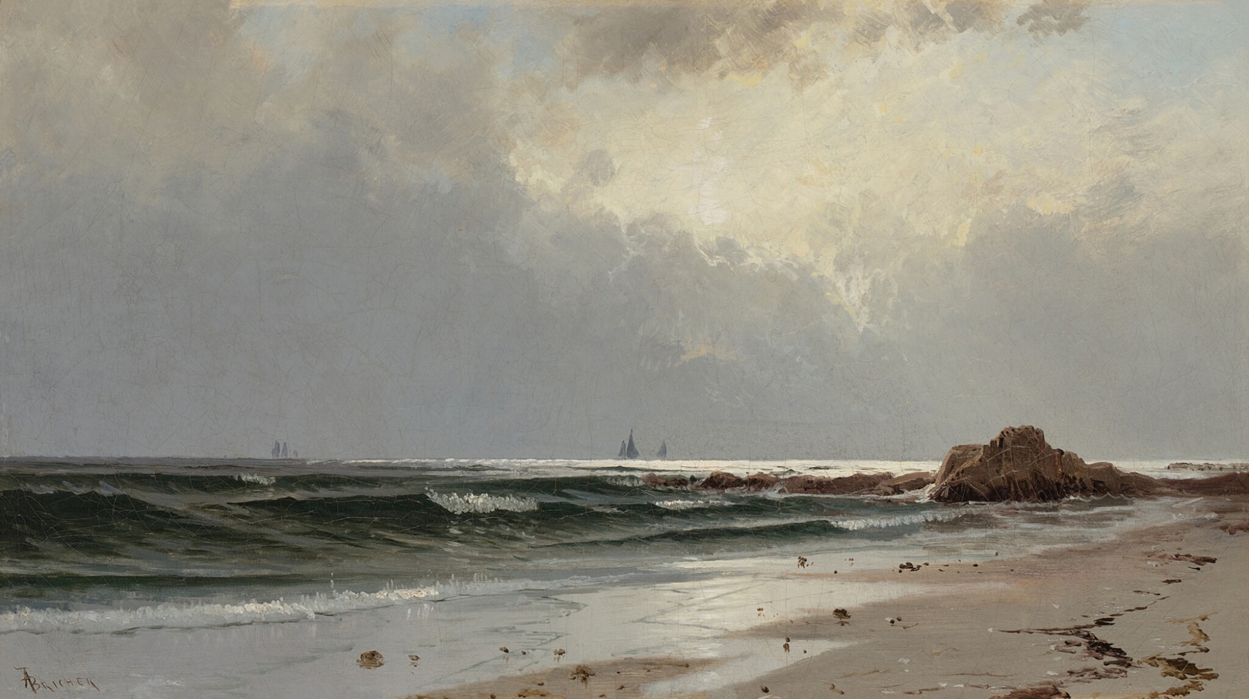 Seascape by Alfred Thompson Bricher, oil painting depicting crashing waves and a tranquil ocean.
