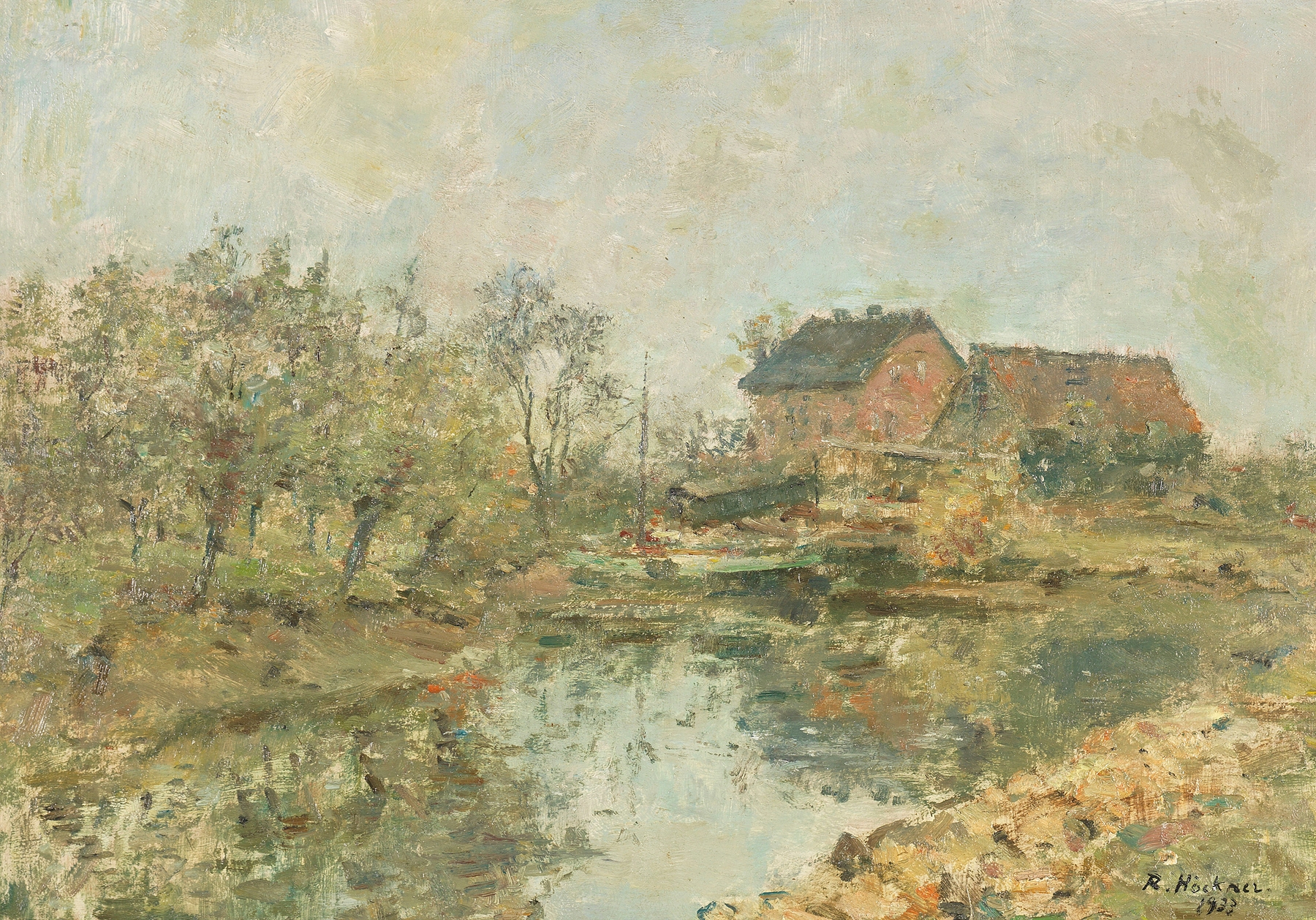 Landscape with a pond reflecting the sky by Rudolf Höckner, unknown medium