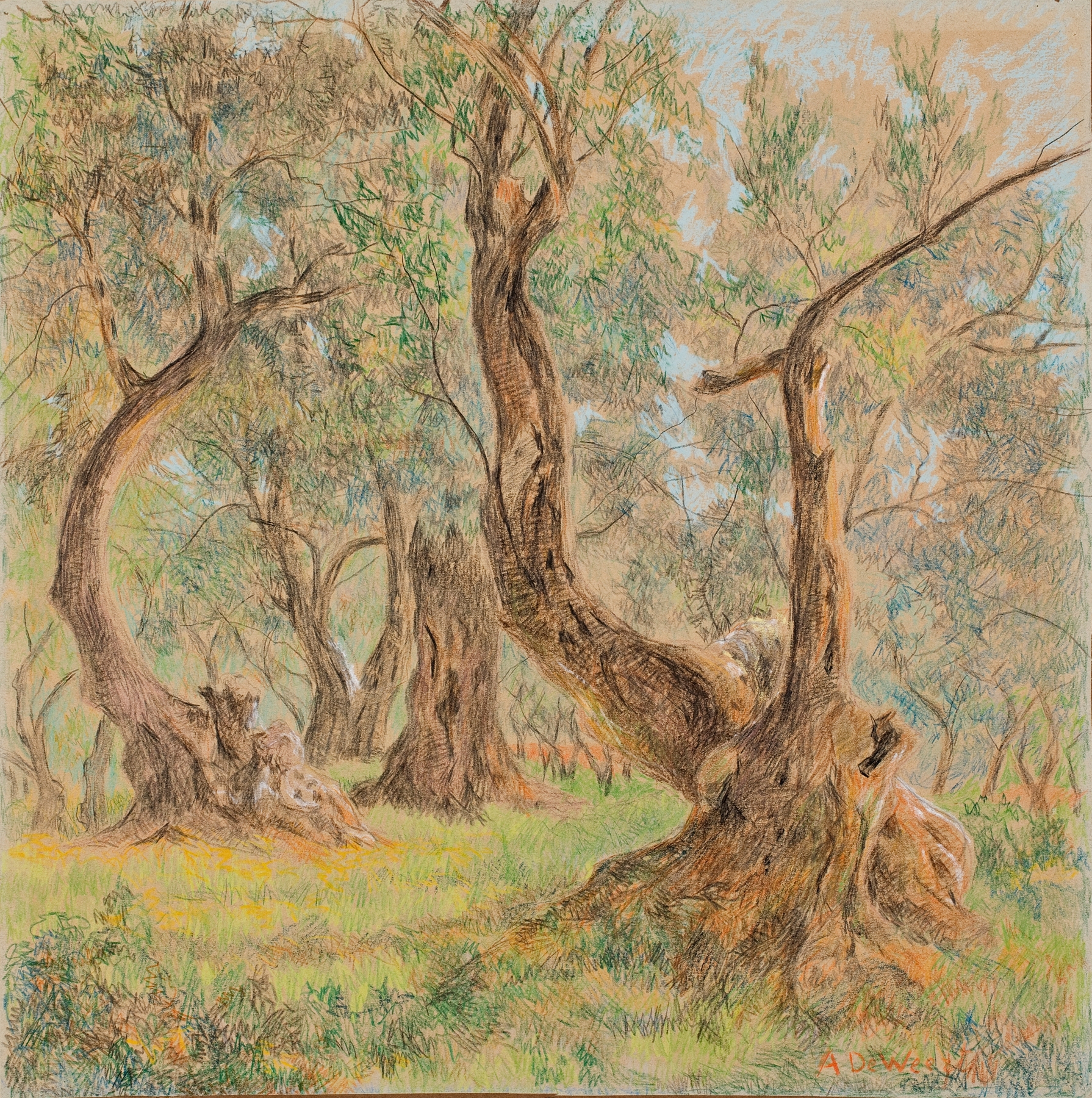 Old Olive Trees by Anna De Weert, oil painting depicting ancient olive trees in a tranquil landscape.