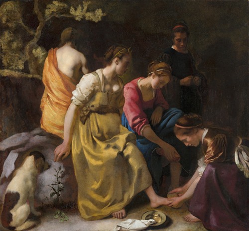 A depiction of the goddess Diana with her nymphs in a serene setting.