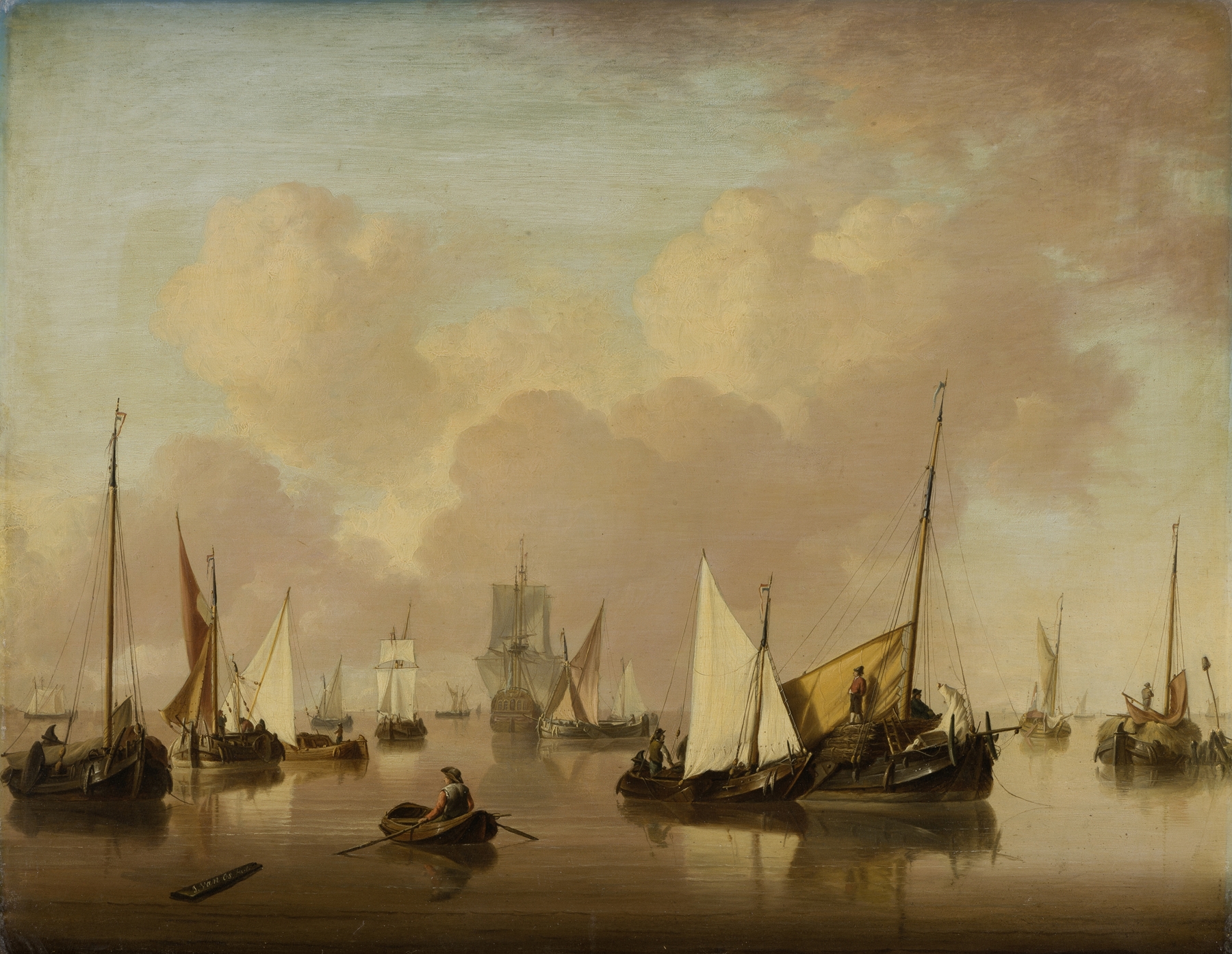Boats and sailboats on a quiet sea, oil painting by Jan Van Os