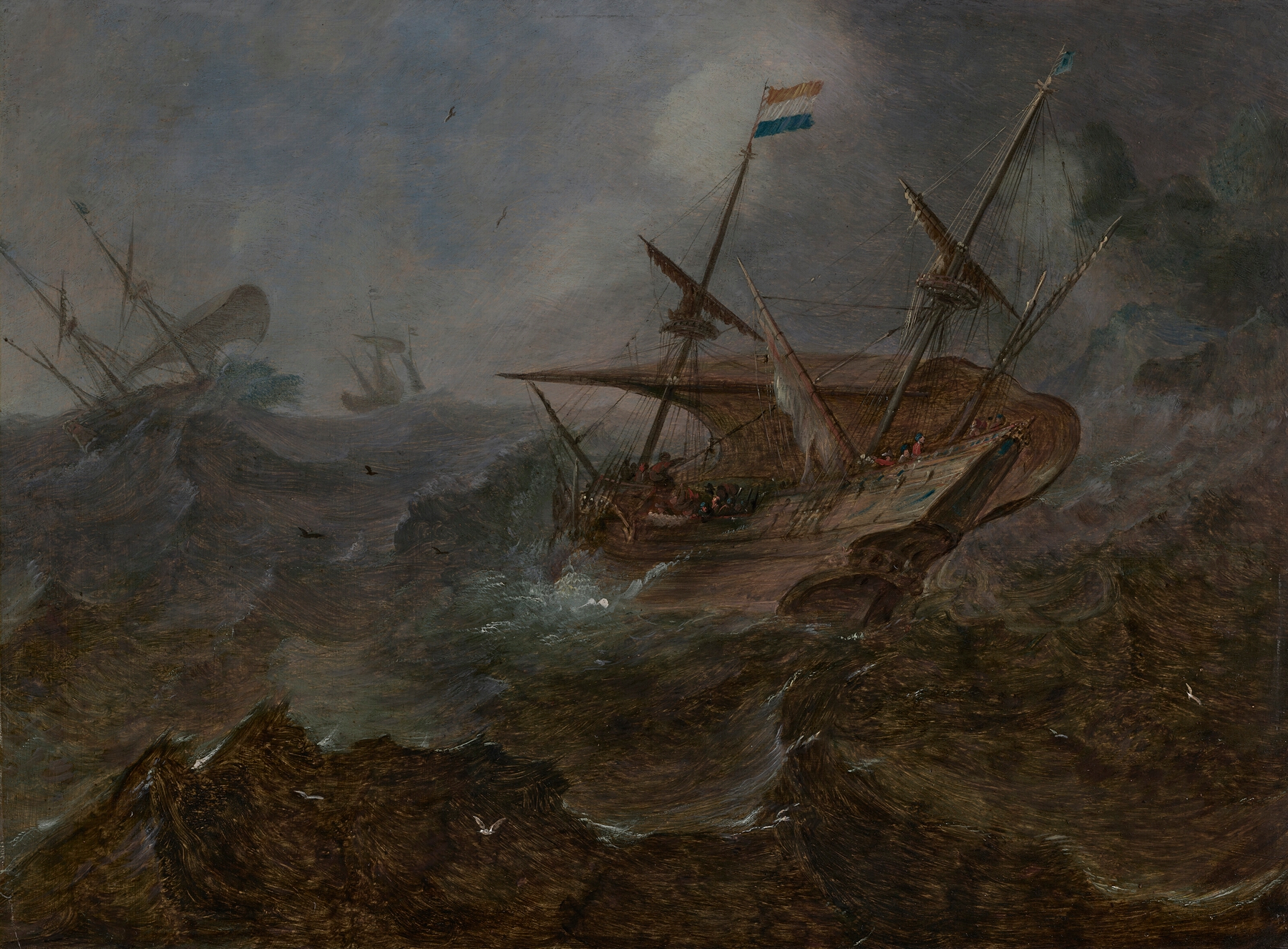 A Dutch merchant in rough seas off a headland, by Andries van Eertvelt, public domain