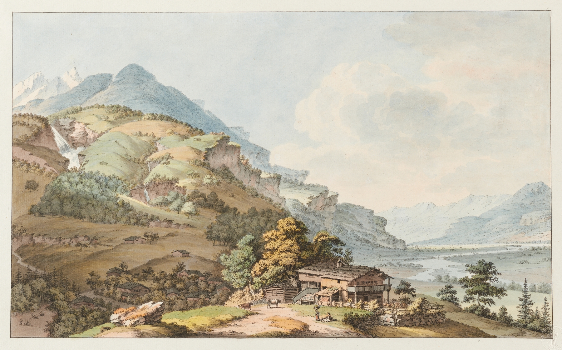 La Vallée Oberhasli by Johann Ludwig Aberli, watercolor on paper depicting a serene valley landscape.