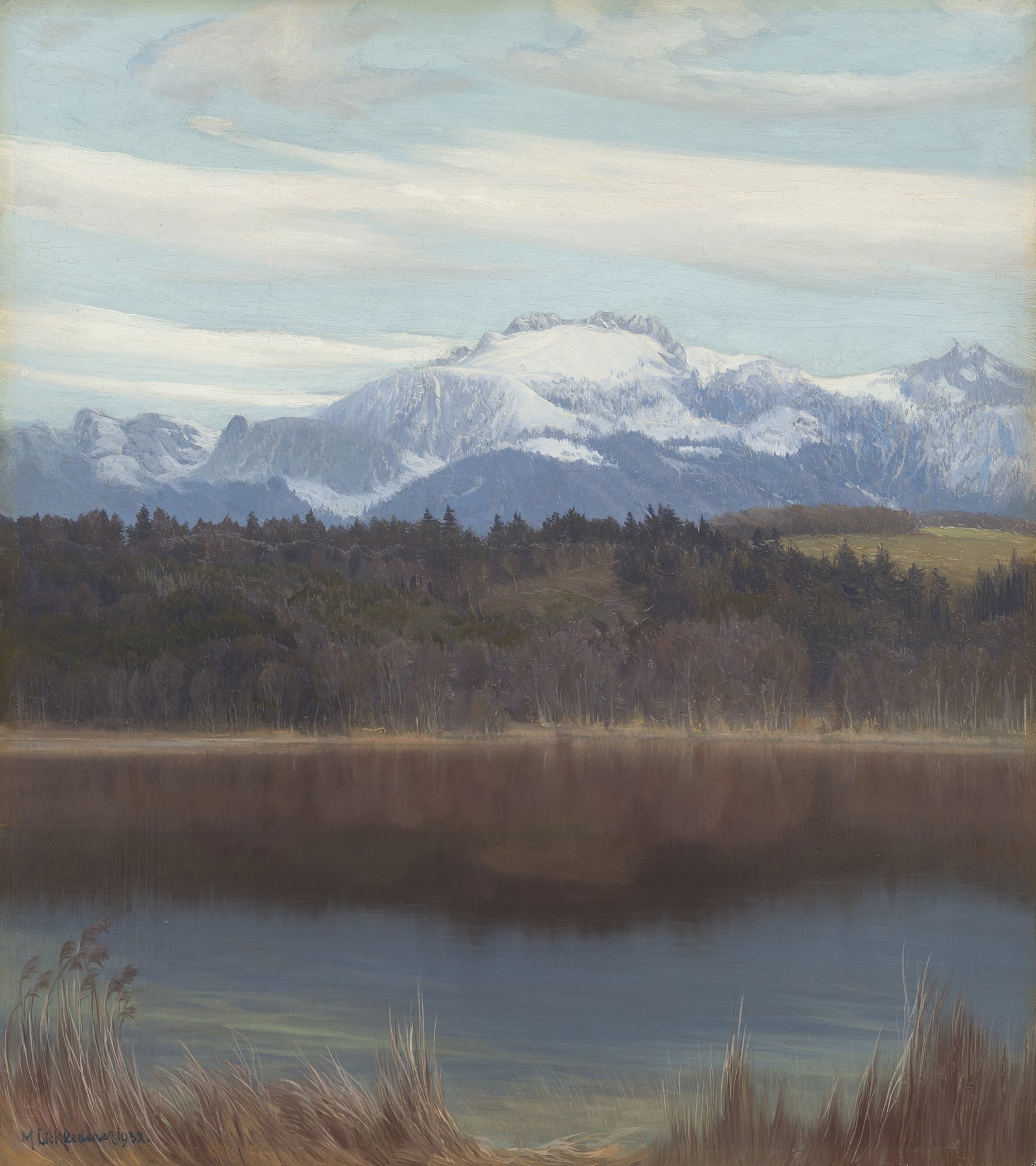 Kampenwand mit Simssee, oil on canvas by Michael Licklederer, depicting a mountain landscape at dusk.