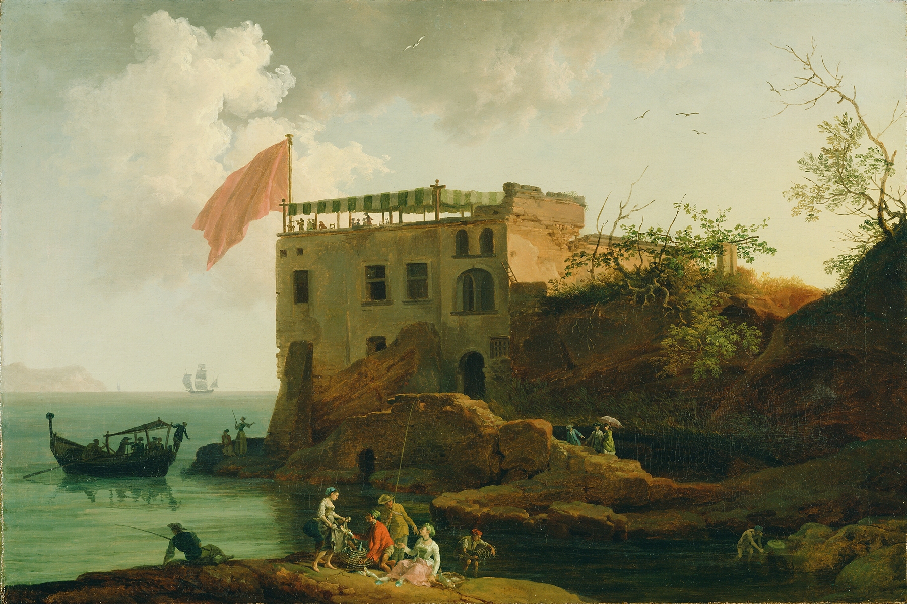Landscape oil painting by Pierre-Jacques Volaire depicting cliffs, sea, and sky.