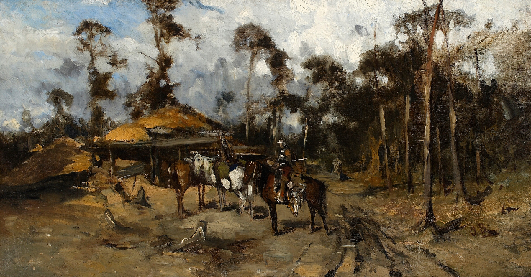 Horsemen in the woods, sketch by Jozef Brandt, pencil on paper