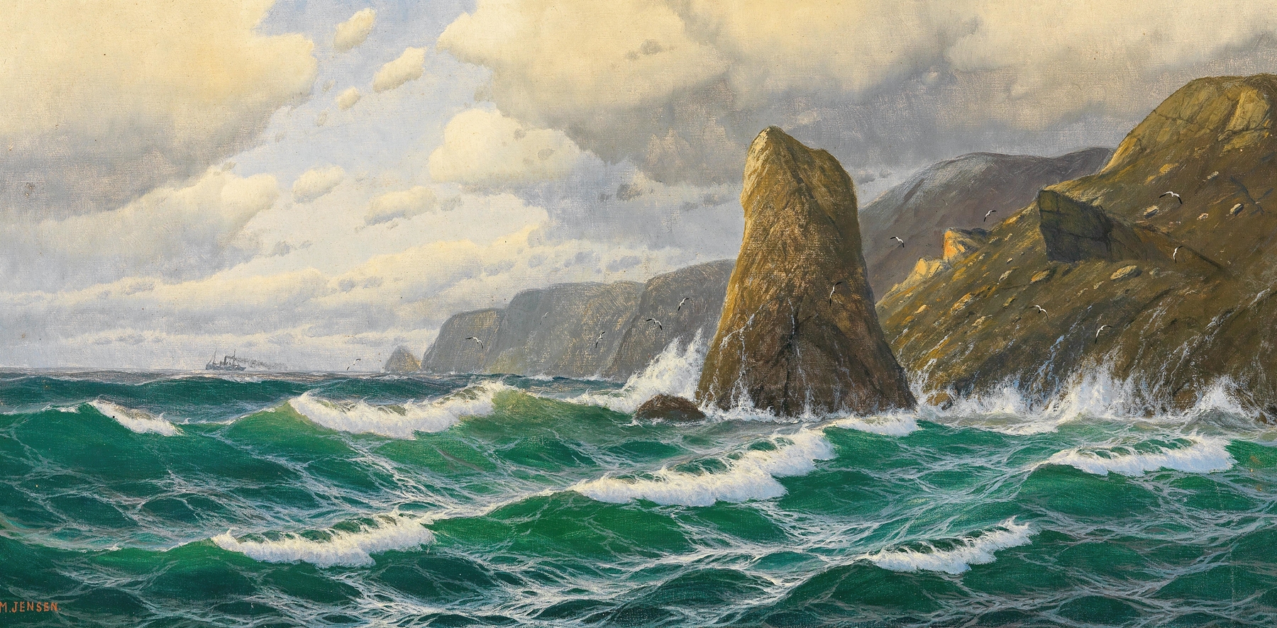 A seascape with a steamer on the horizon, oil painting by Max Jensen