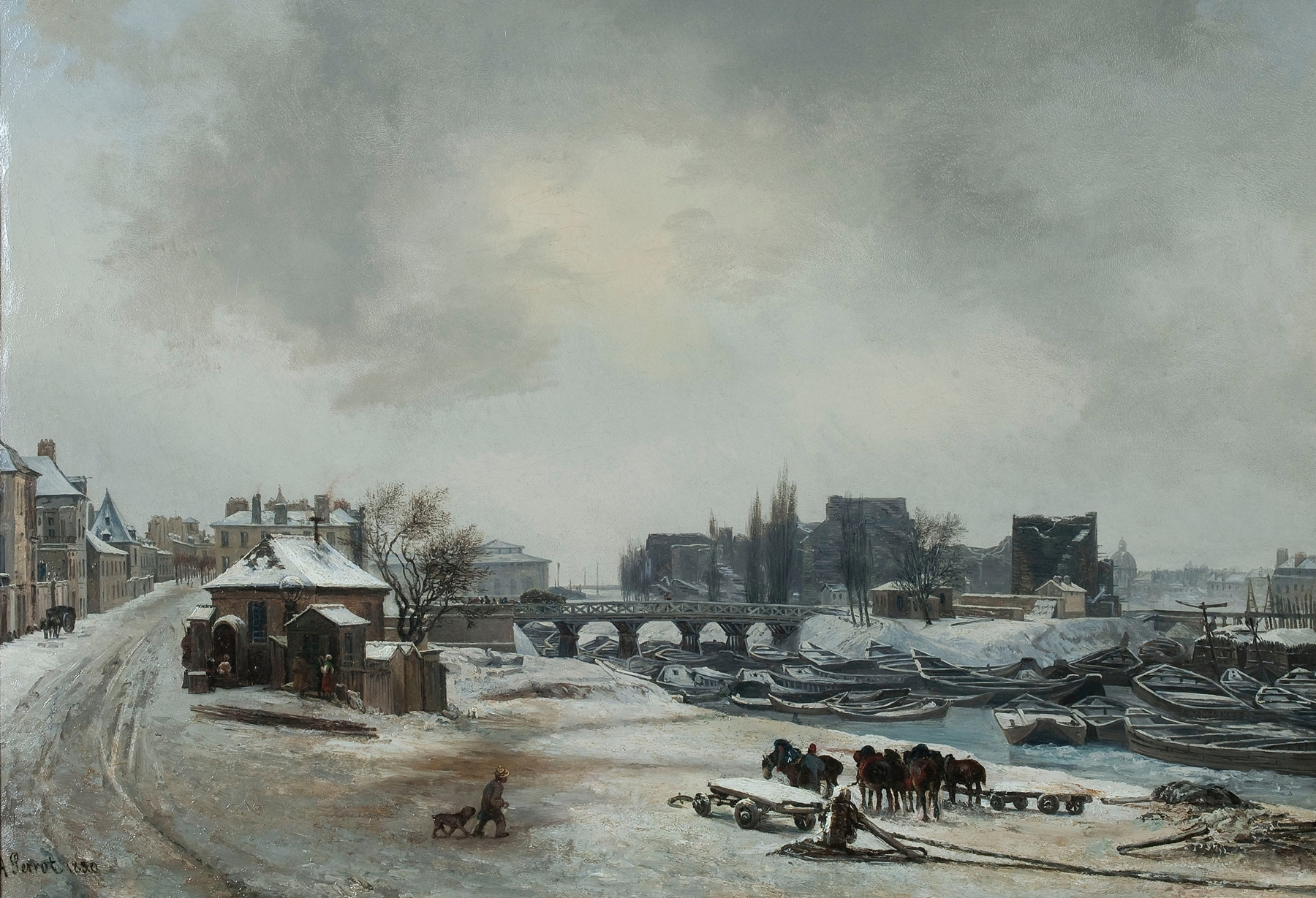 Vue de l’île Louviers ; effet de neige, oil on canvas by Antoine Perrot