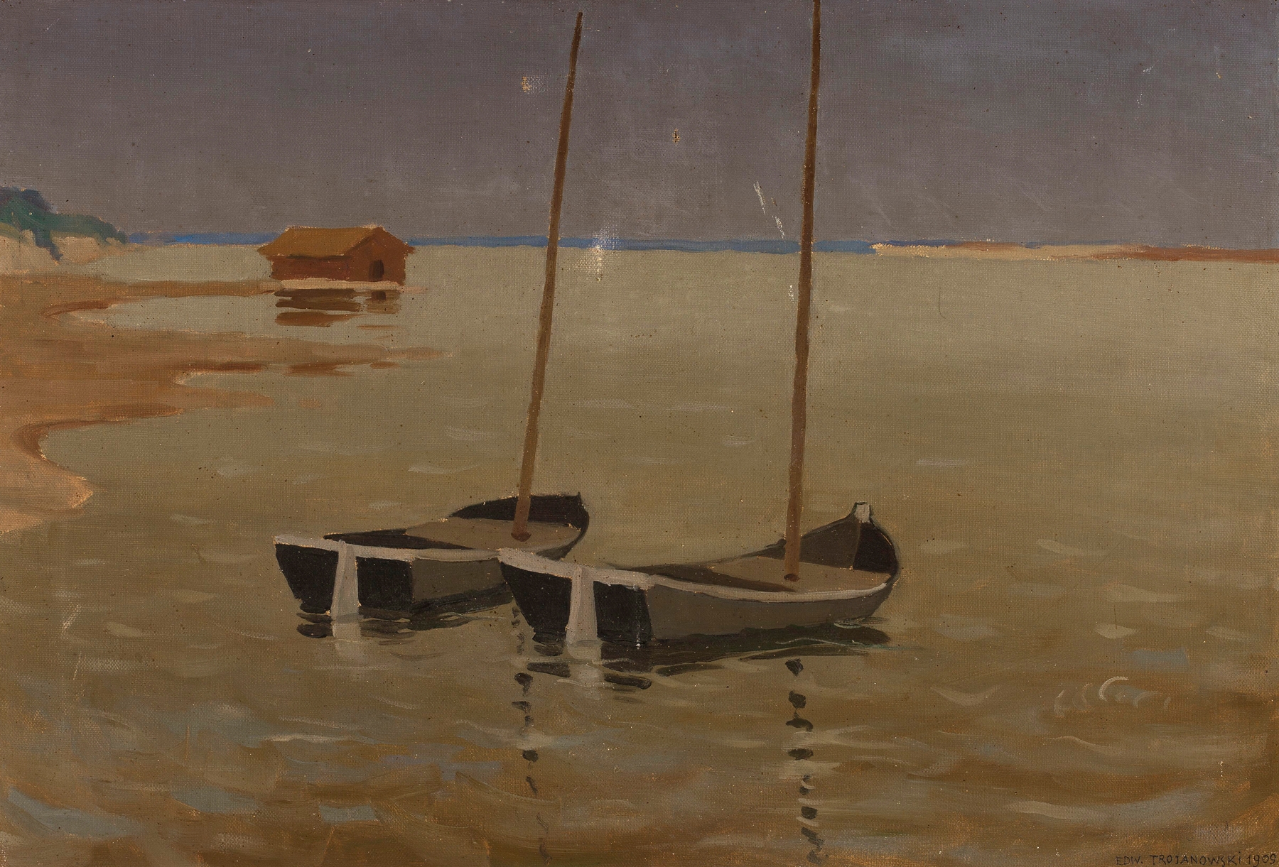 Fishing boats on calm waters, oil painting by Edward Trojanowski