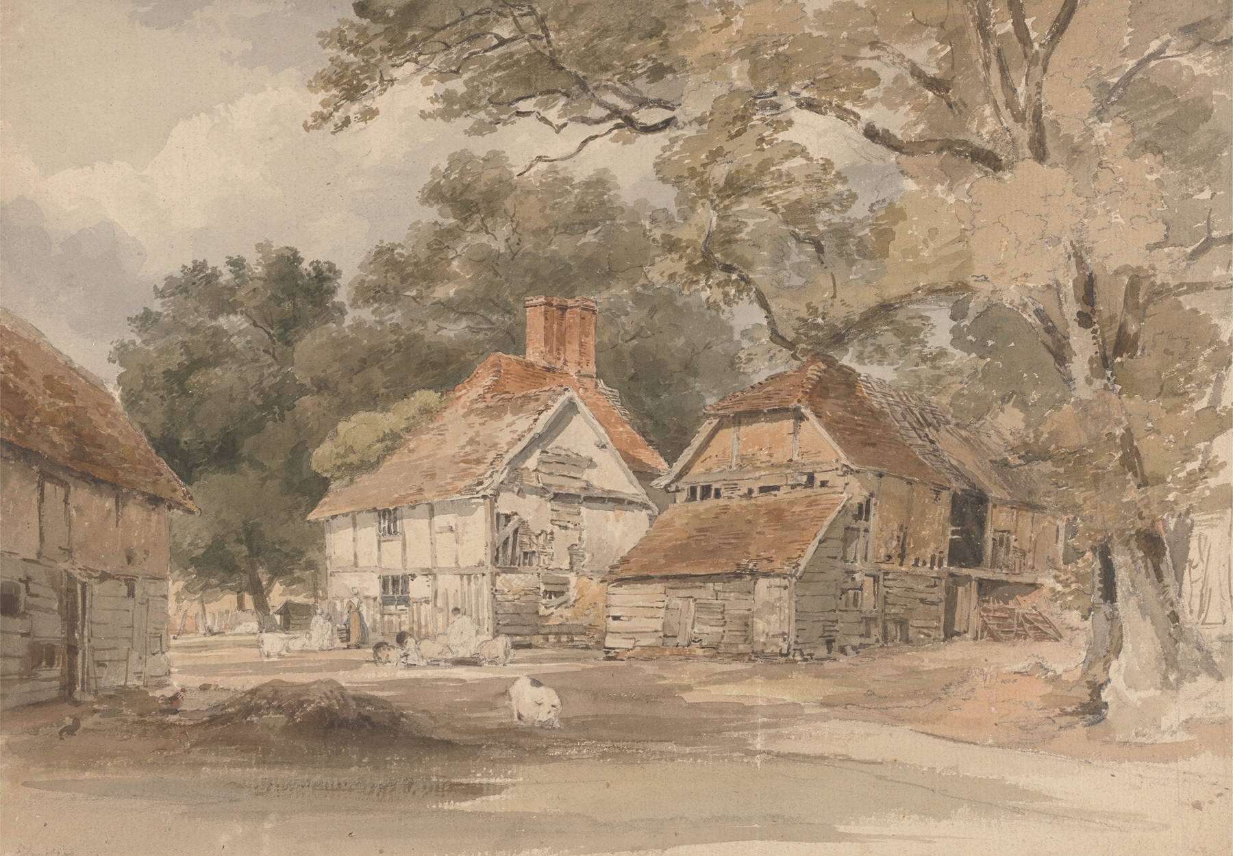 Watercolour by Henry Edridge depicting farm buildings among trees