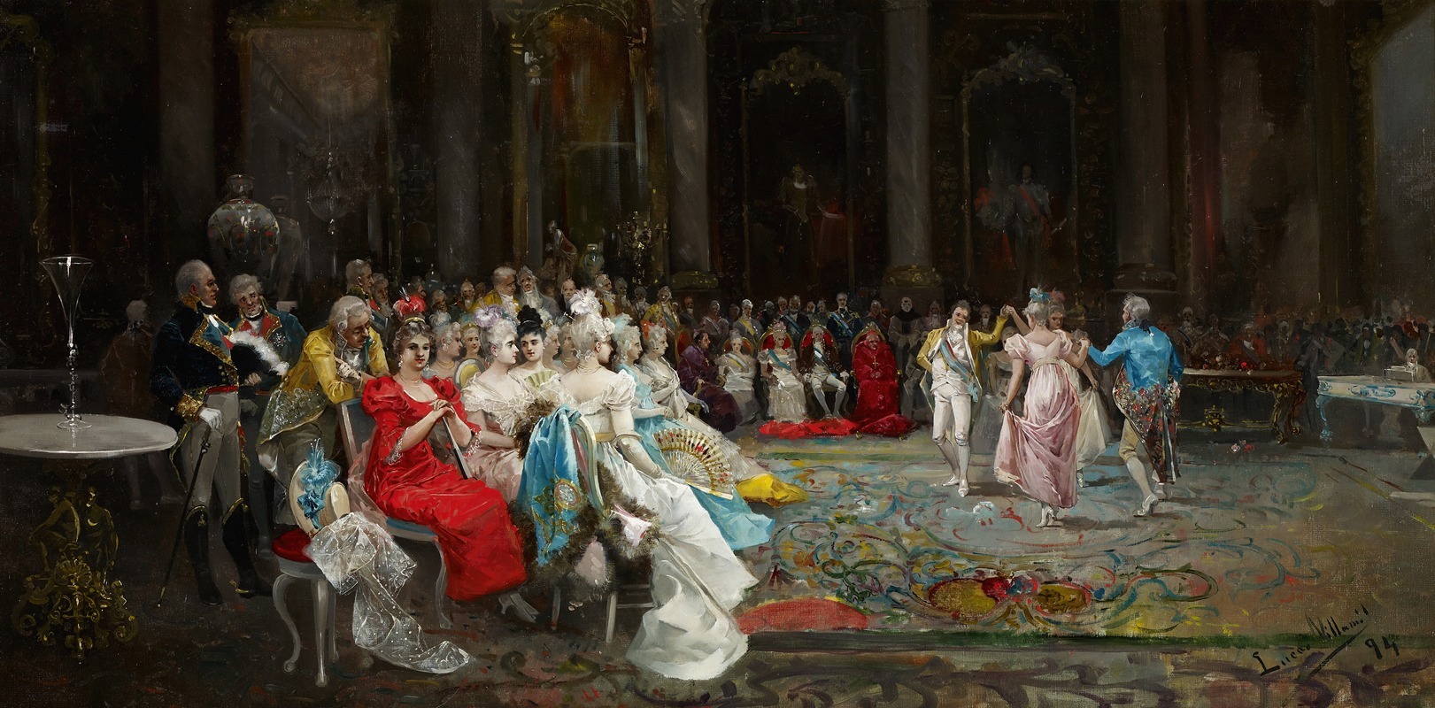 A lively scene of people dancing in a grand palace setting.