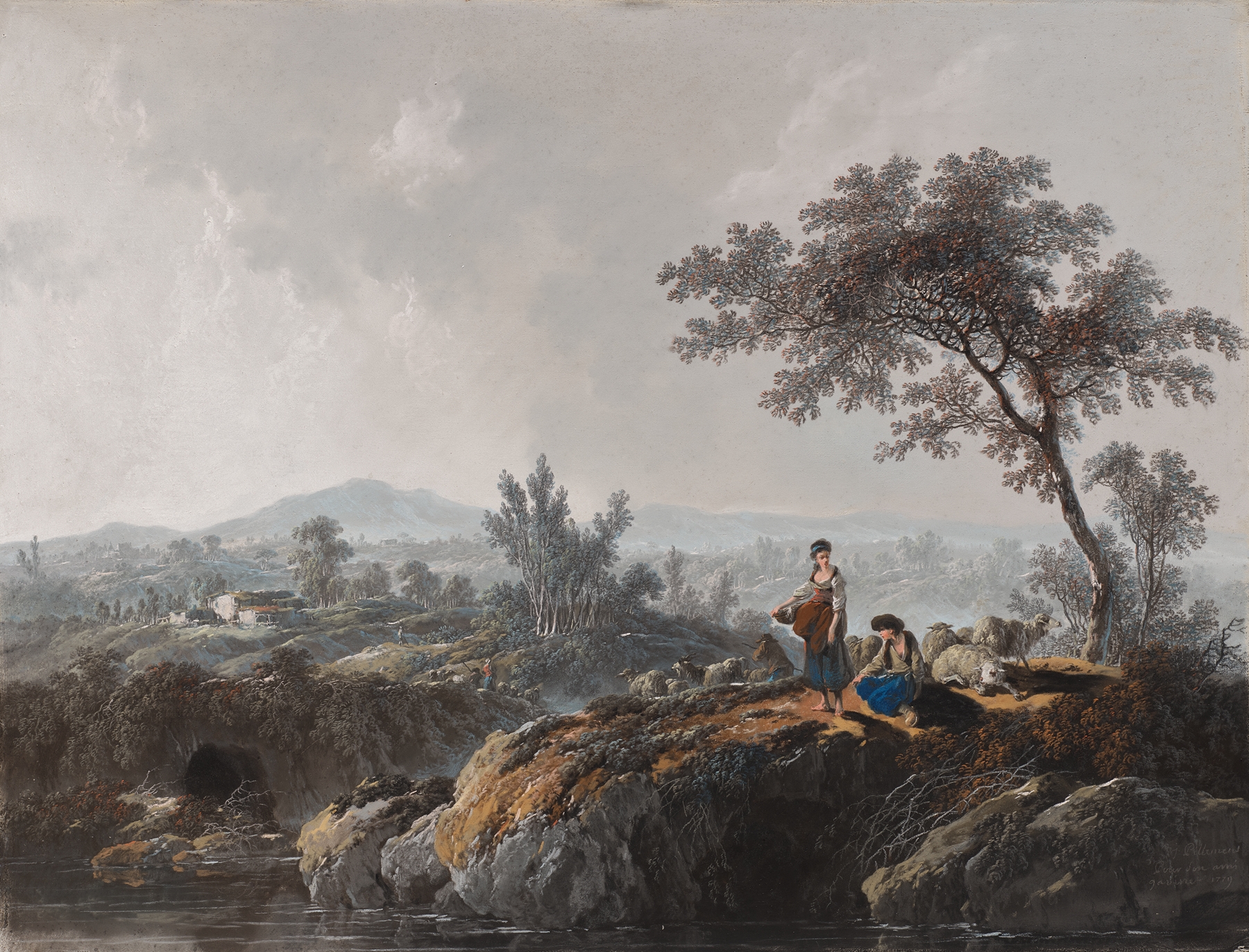 Rococo oil painting depicting shepherds in a serene landscape by Jean-Baptiste Pillement