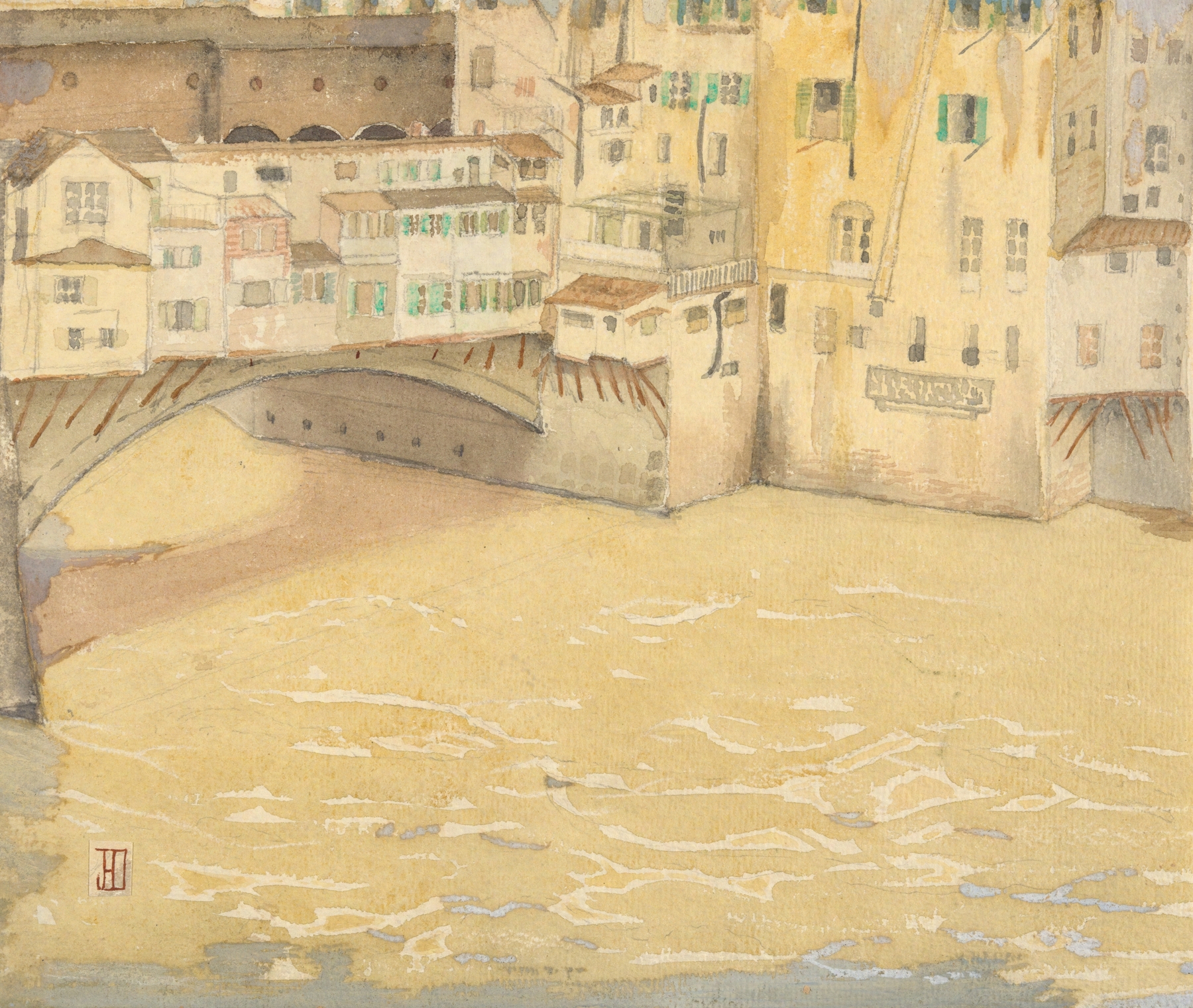 The Ponte Vecchio arches over the Arno River, oil painting by John Ireland Howe Down