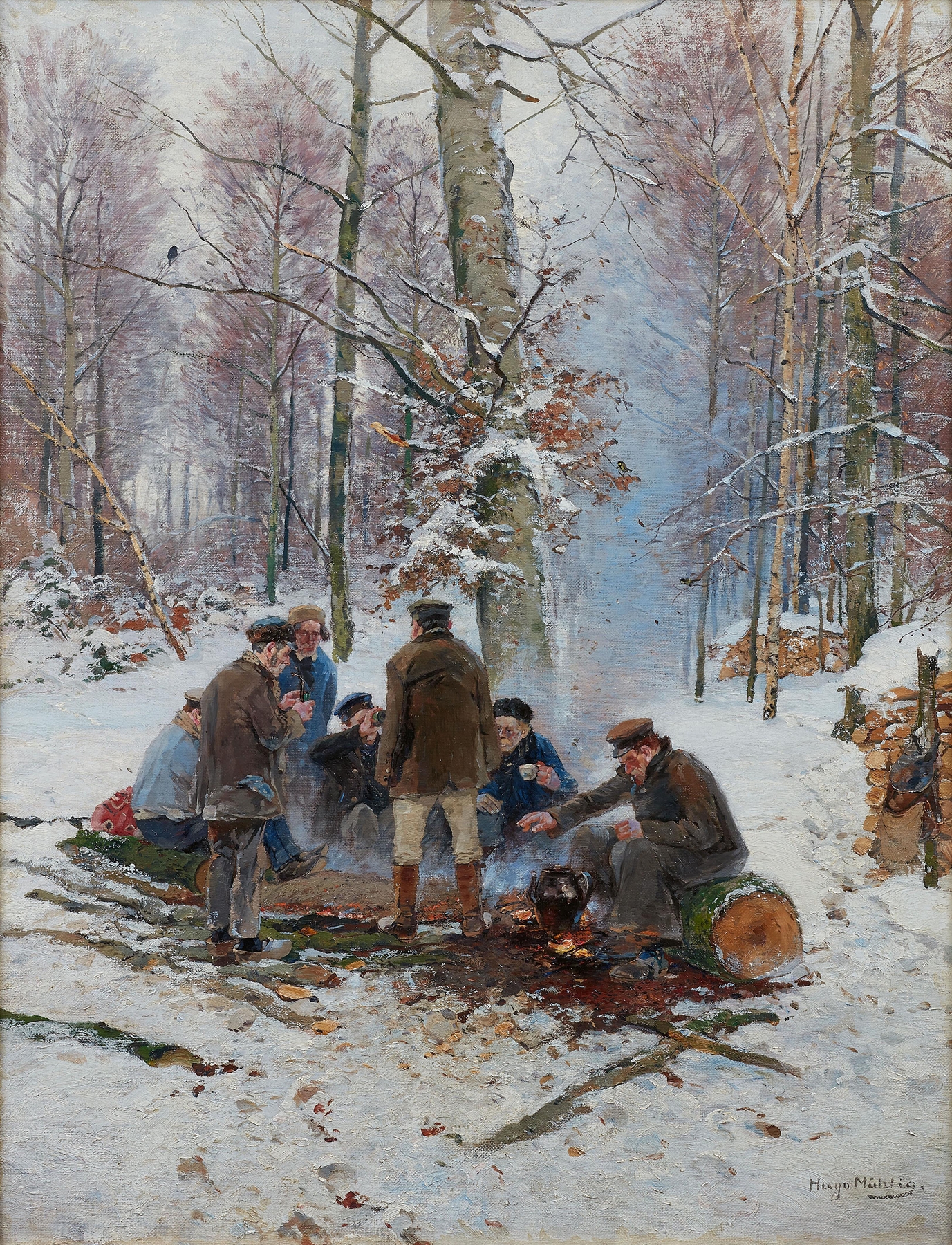 Lumberjack by the fire in a forest, oil on canvas by Hugo Mühlig
