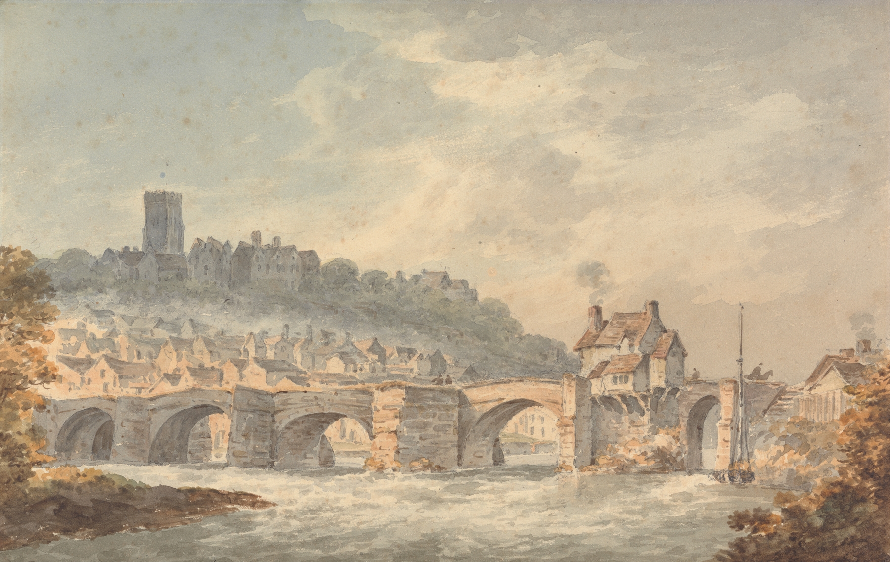 Bridgnorth Bridge, Shropshire by William Gilpin, watercolor on paper depicting a river and bridge.