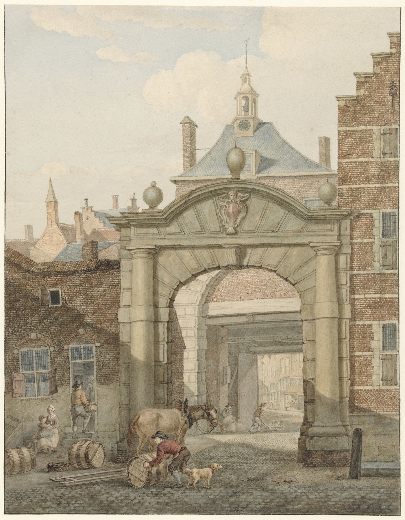 Landscape featuring a stone gateway and greenery by Johannes van Lexmond, oil painting
