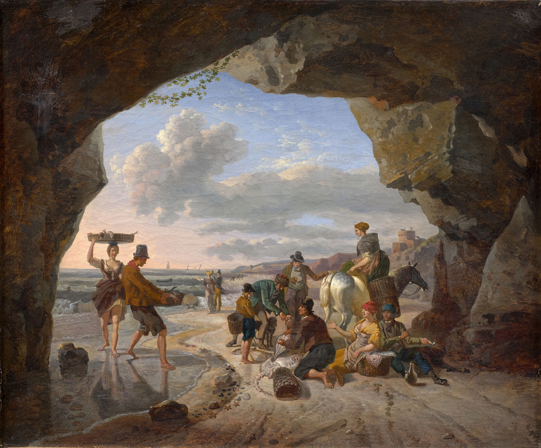 Retour de pêche by Jean-Louis Demarne, oil on canvas showing fishermen returning at sunset.