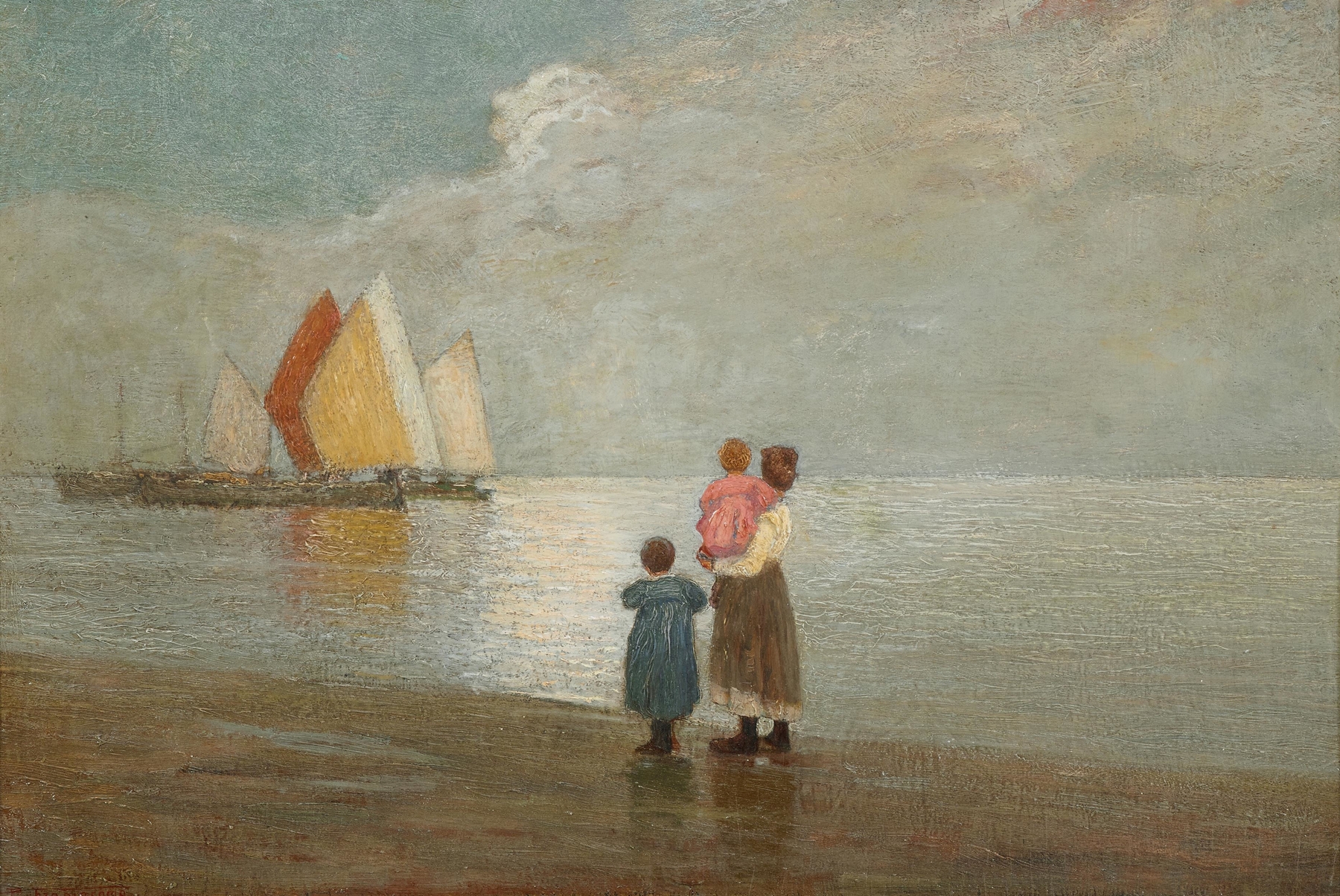 On the Beach by Pietro Fragiacomo, oil on canvas depicting gentle waves and figures near the shore.