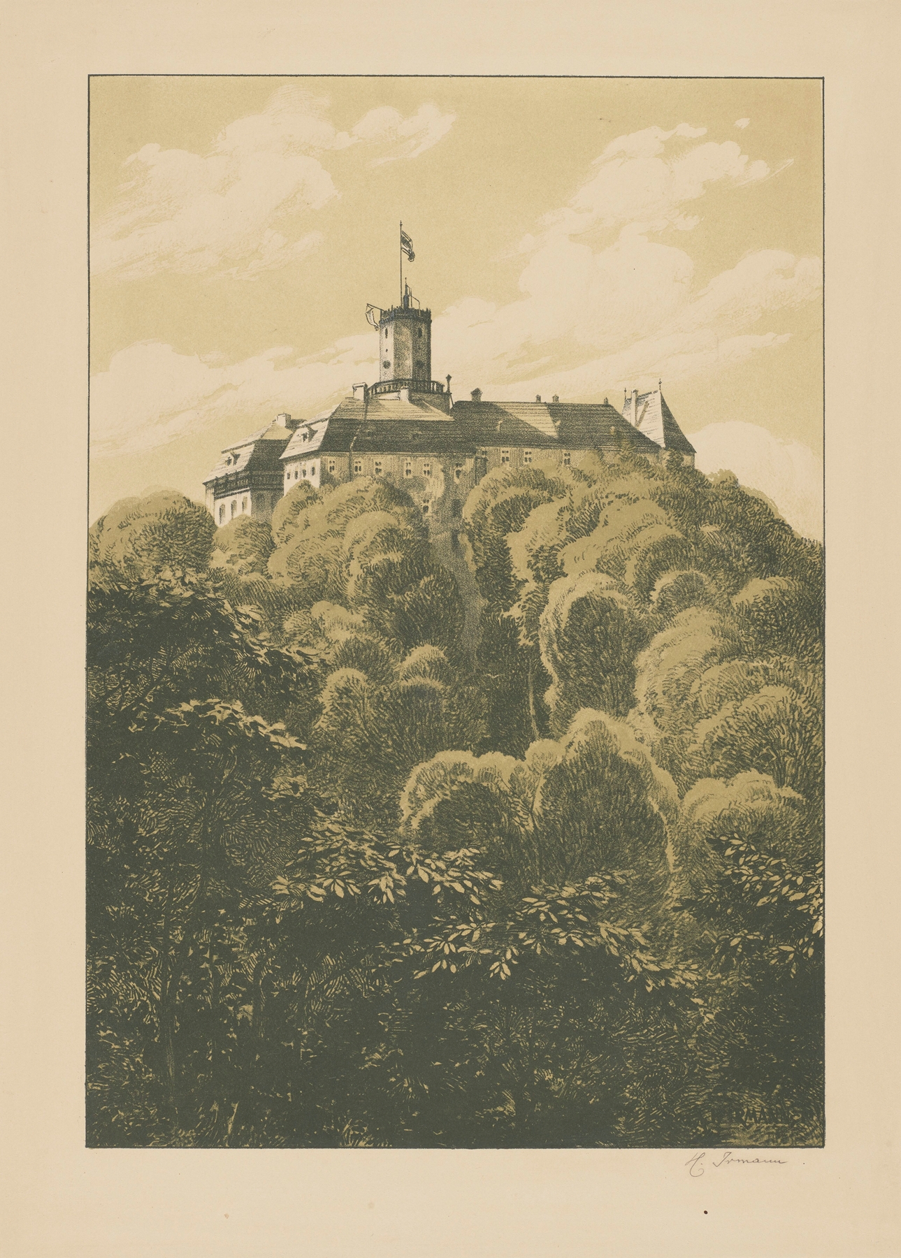 Książ Castle in oil on canvas by Heinrich Otto Irmann, set against a twilight sky.