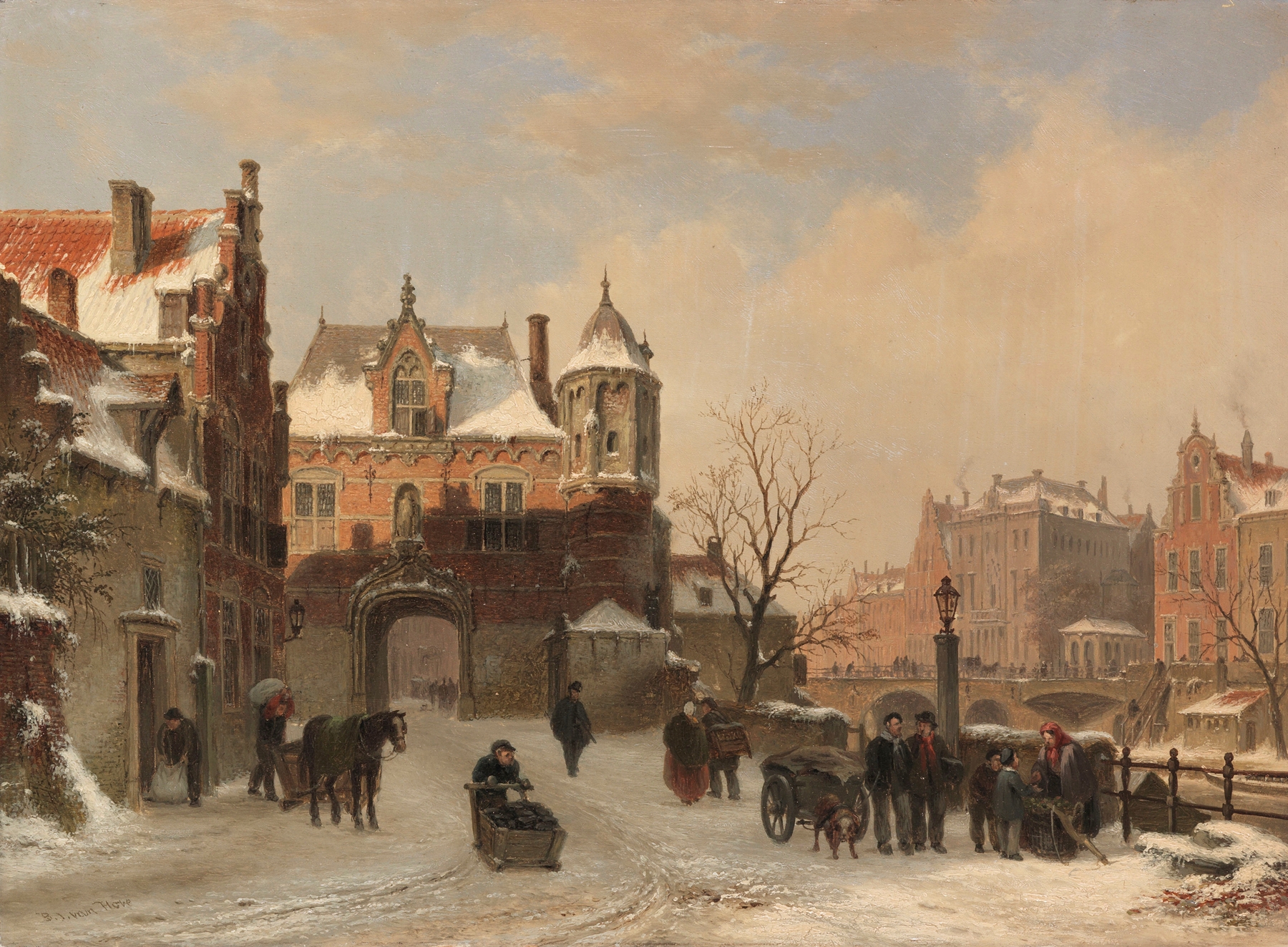 Winterliche Stadtansicht, oil on canvas by Bartholomeus Johannes van Hove, depicting a snowy urban landscape.