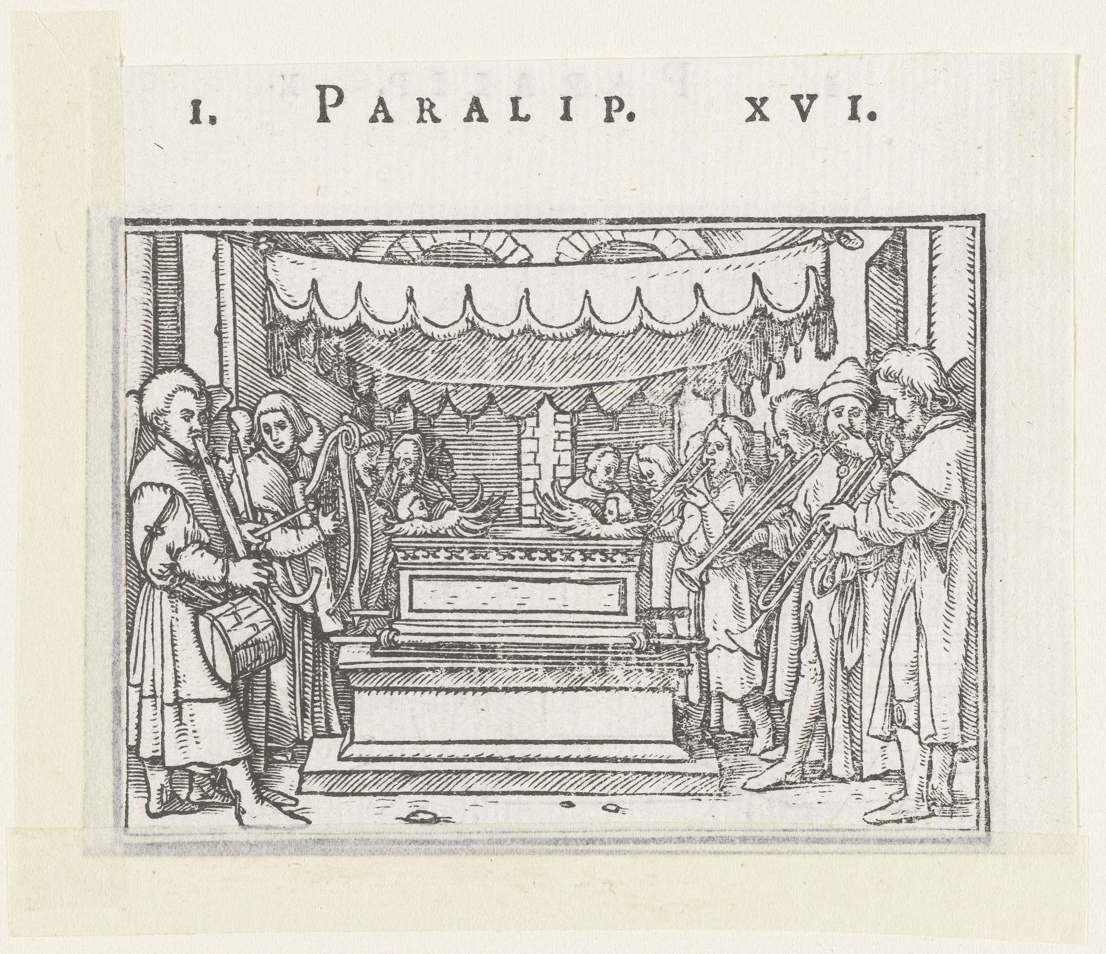 Levieten musiceren voor ark van het verbond by Hans Holbein, paper artwork depicting solemn figures in richly colored robes.