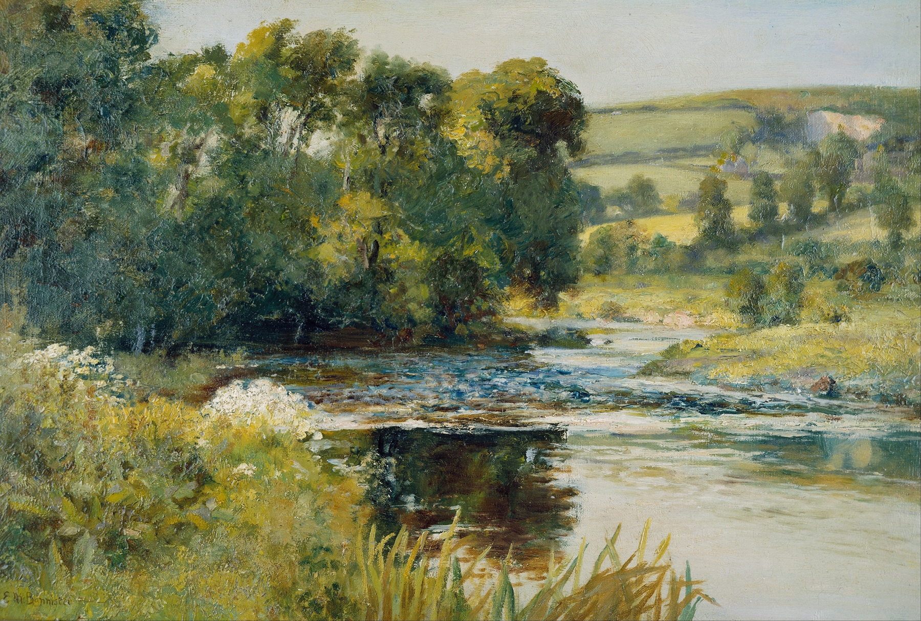 Streamside by Edward Mitchell Bannister, oil painting depicting river and forest reflections.