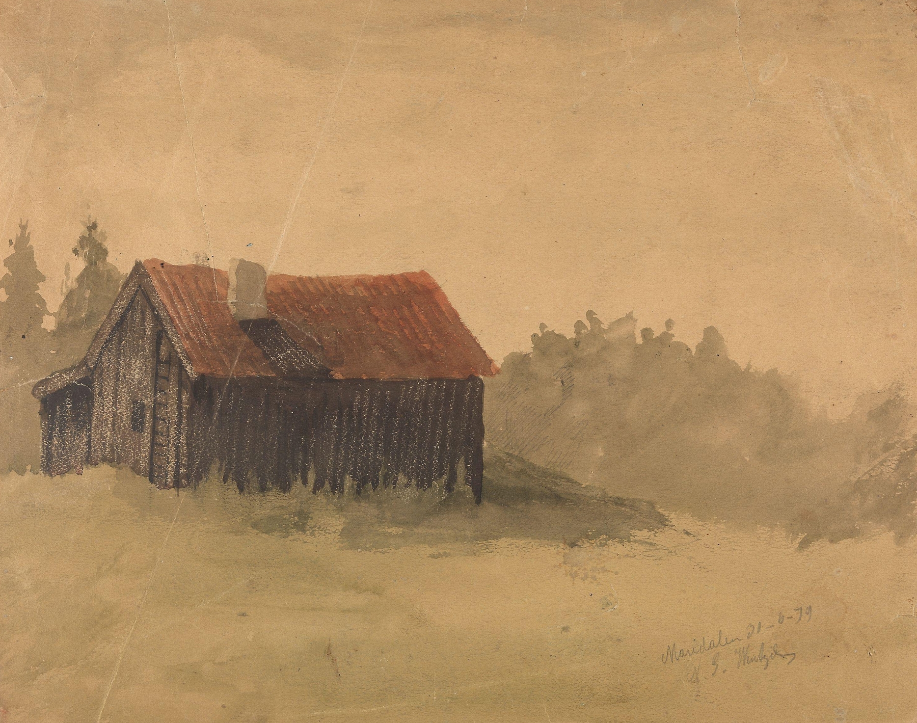 Landscape by Gustav Wentzel, 1879, featuring lush greenery and sunlight filtering through leaves.