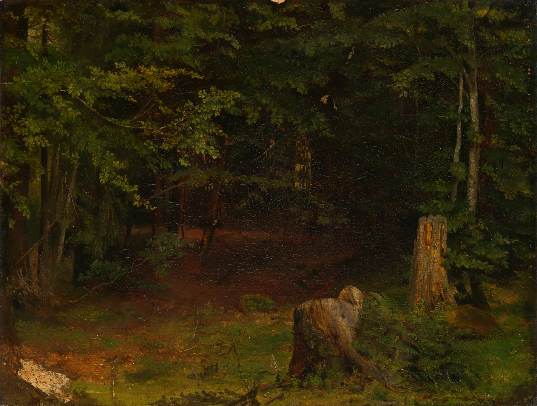 Waldinneres by Hans Thoma, oil on canvas depicting a tranquil forest with dappled light and shadow.