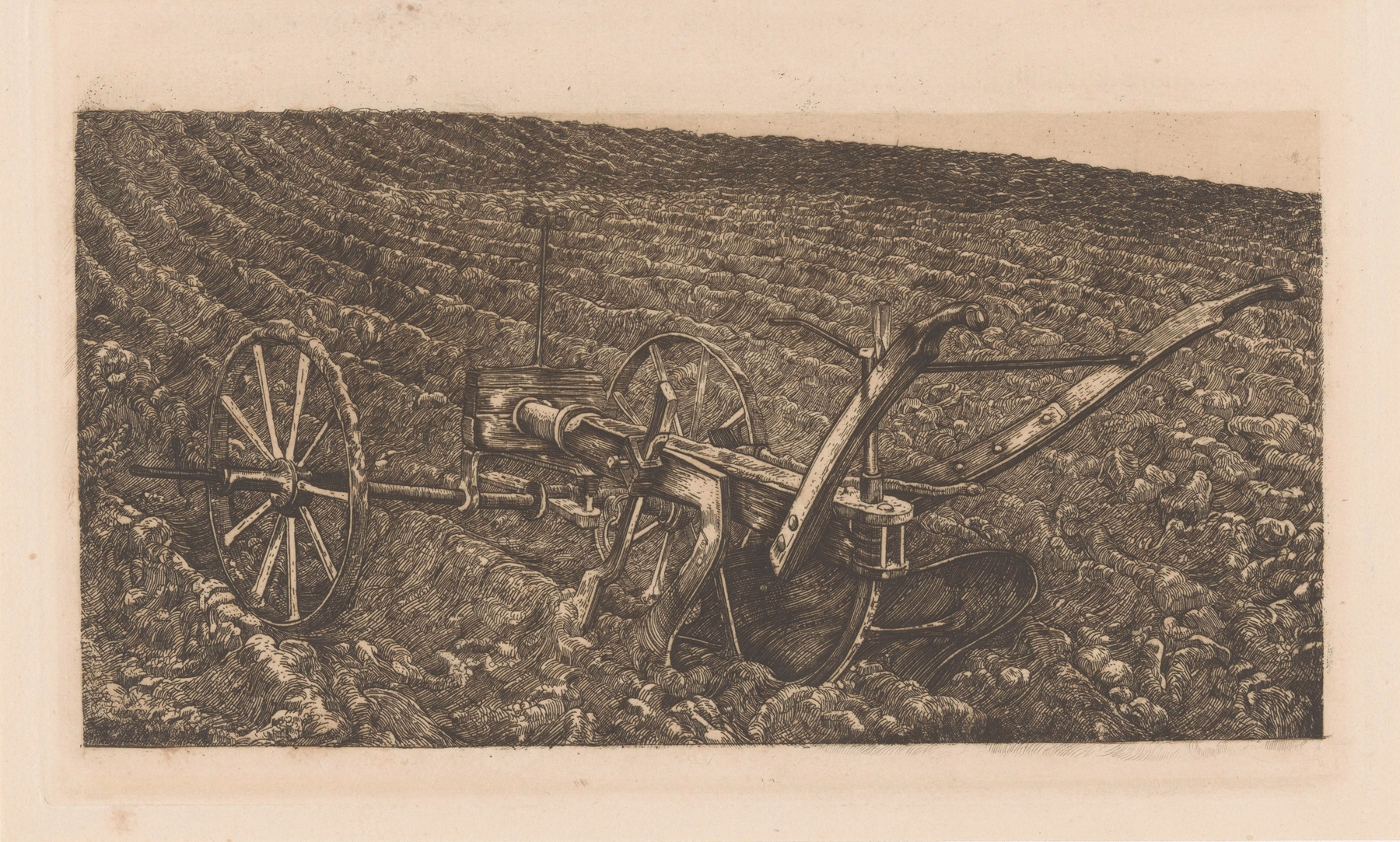 Ploeg op een akker by Pieter Dupont, oil on canvas, featuring a plow and a field under a vast sky.