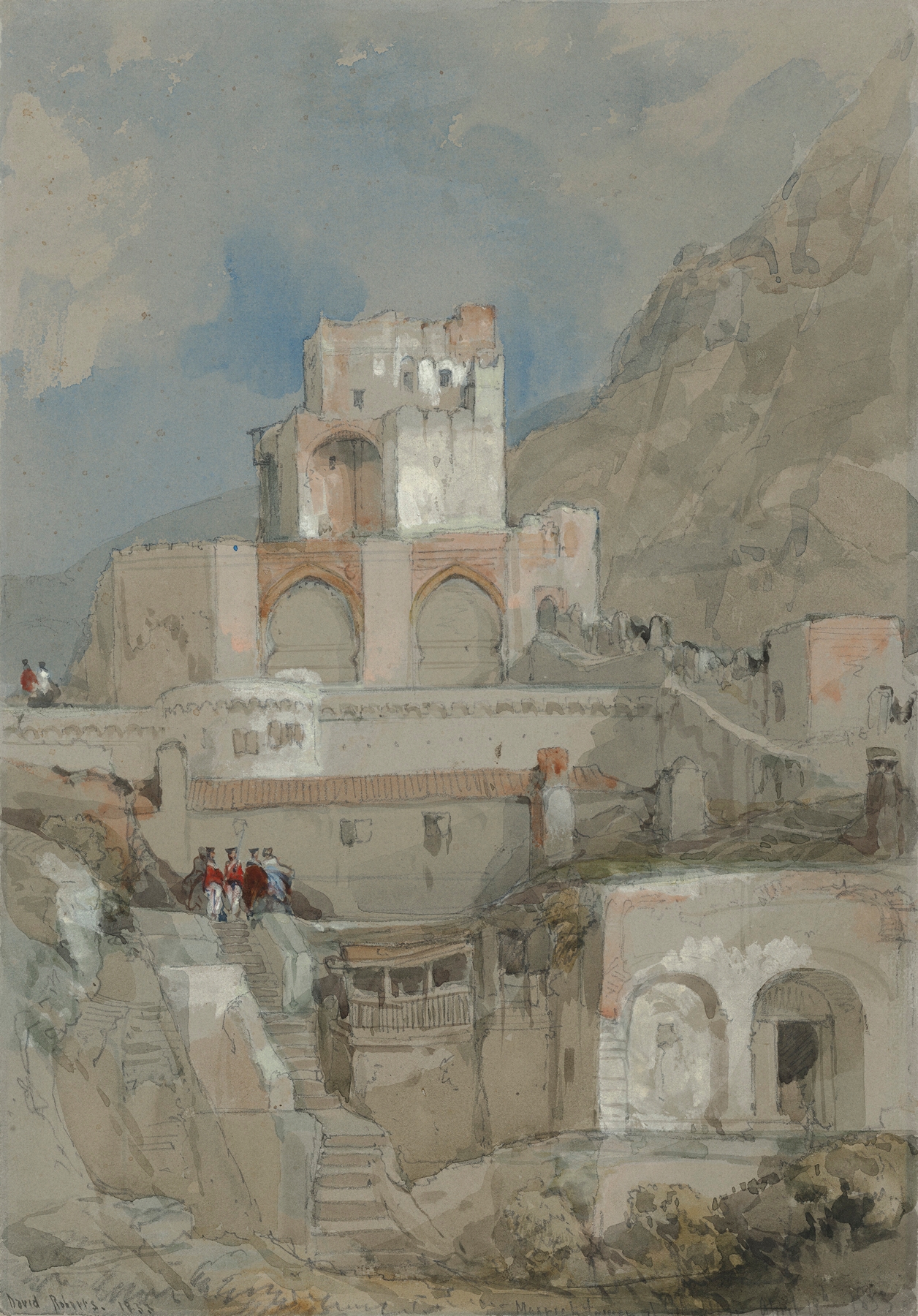 British soldiers in uniform before the old Moorish citadel in Gibraltar, oil painting by David Roberts