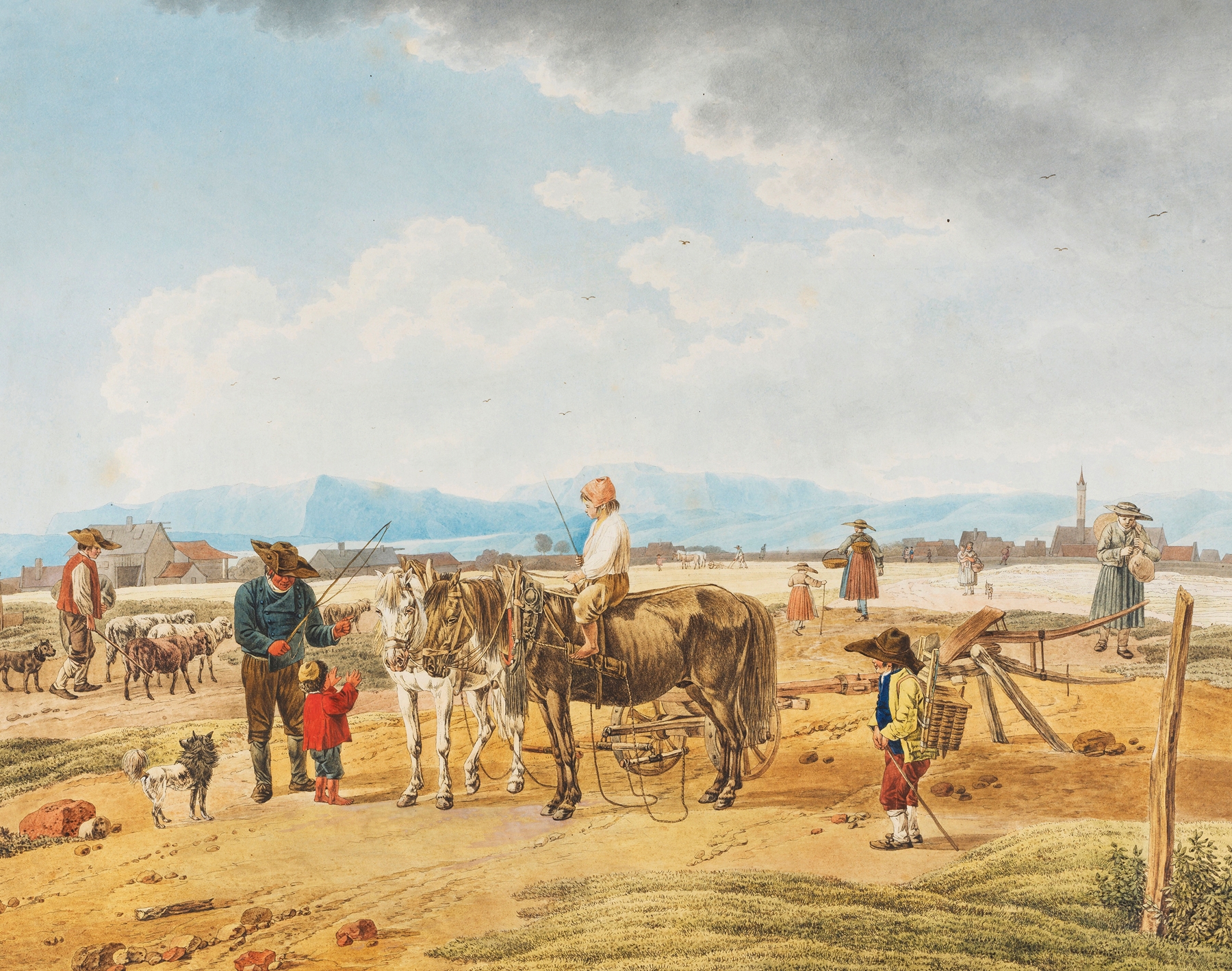 Genre scene depicting two travelers greeting on a country road, oil painting by Wilhelm von Kobell