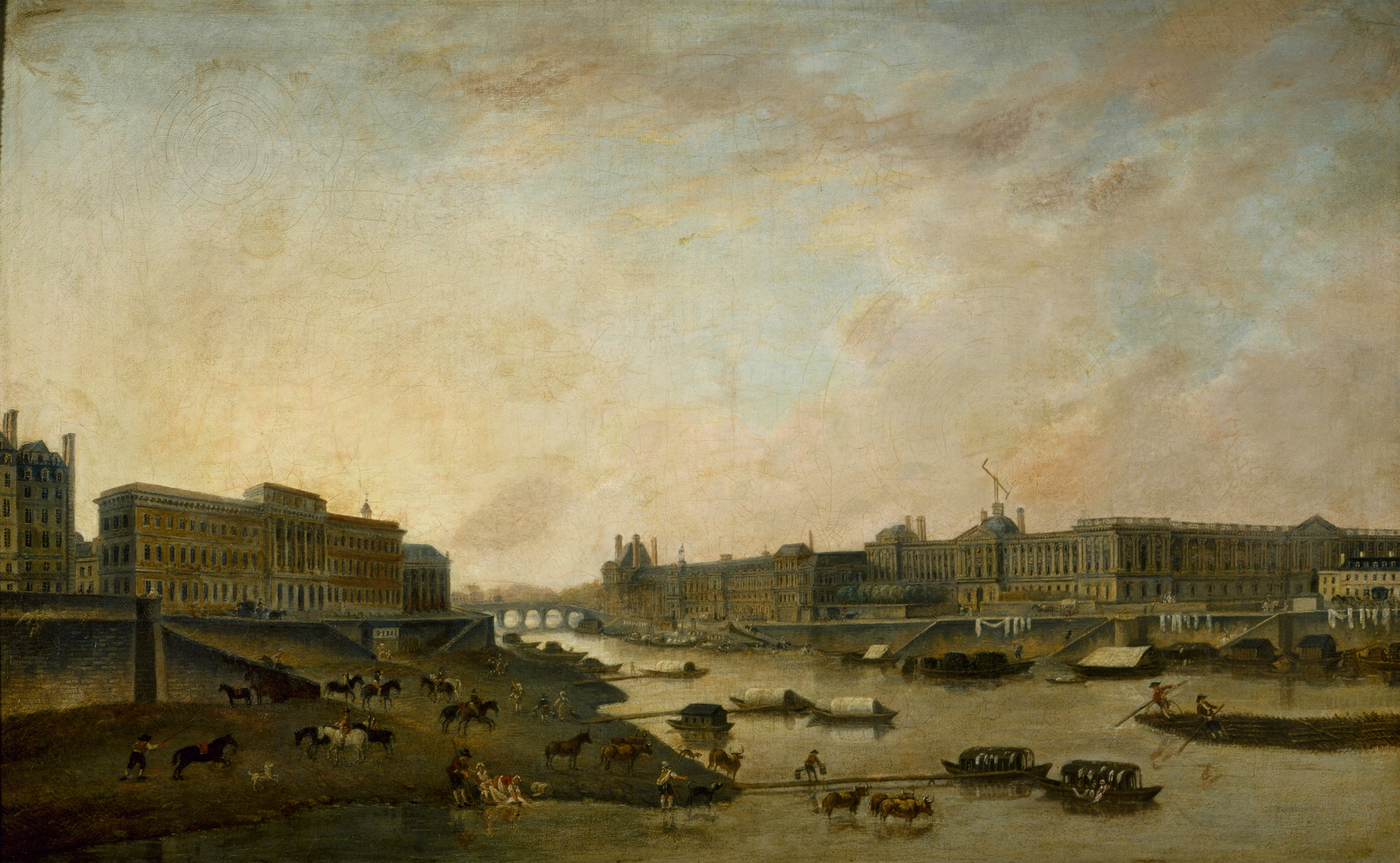 L’Hôtel de la Monnaie et le Louvre, vus du Pont-Neuf, vers 1800, by Pierre-Antoine Demachy, public domain