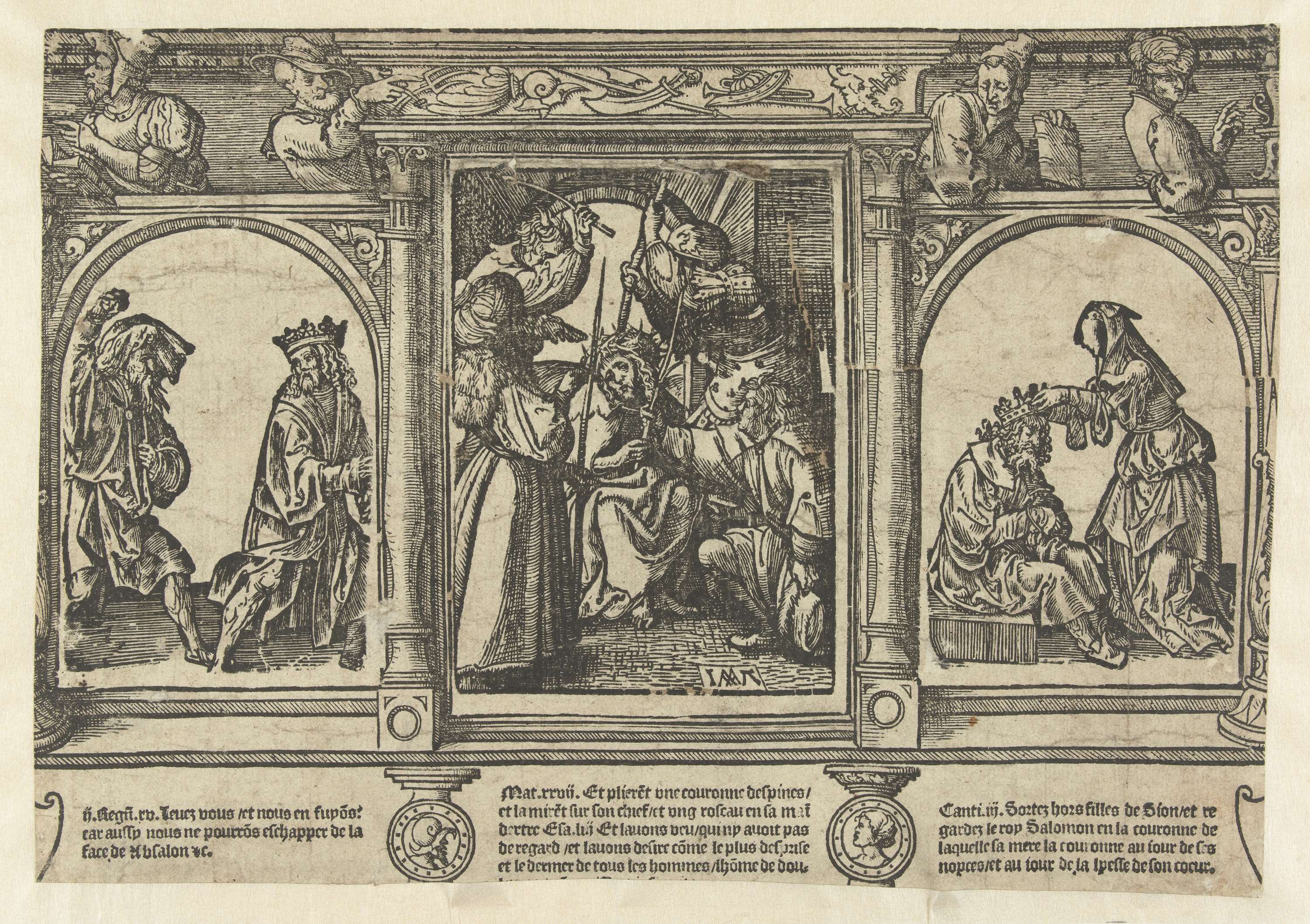De doornkroning, a paper work by Jacob Cornelisz van Oostsanen depicting historical figures and a crown.