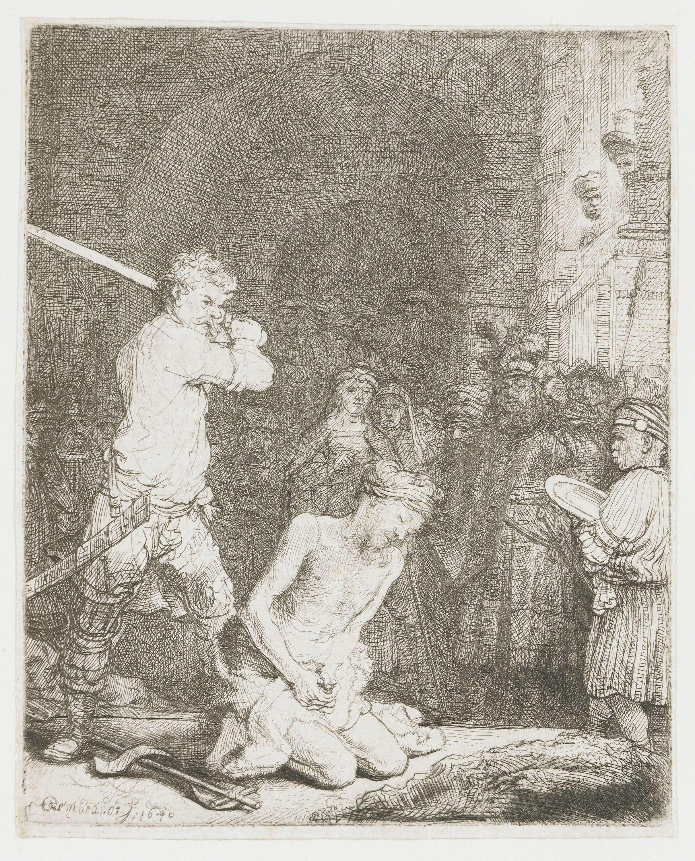 The Beheading of St John the Baptist, etching by Rembrandt van Rijn, depicting a dramatic execution scene.