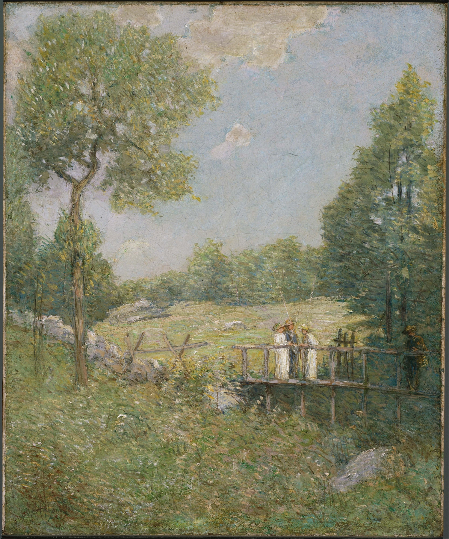 Genre scene with figures by a pond, oil painting by Julian Alden Weir.