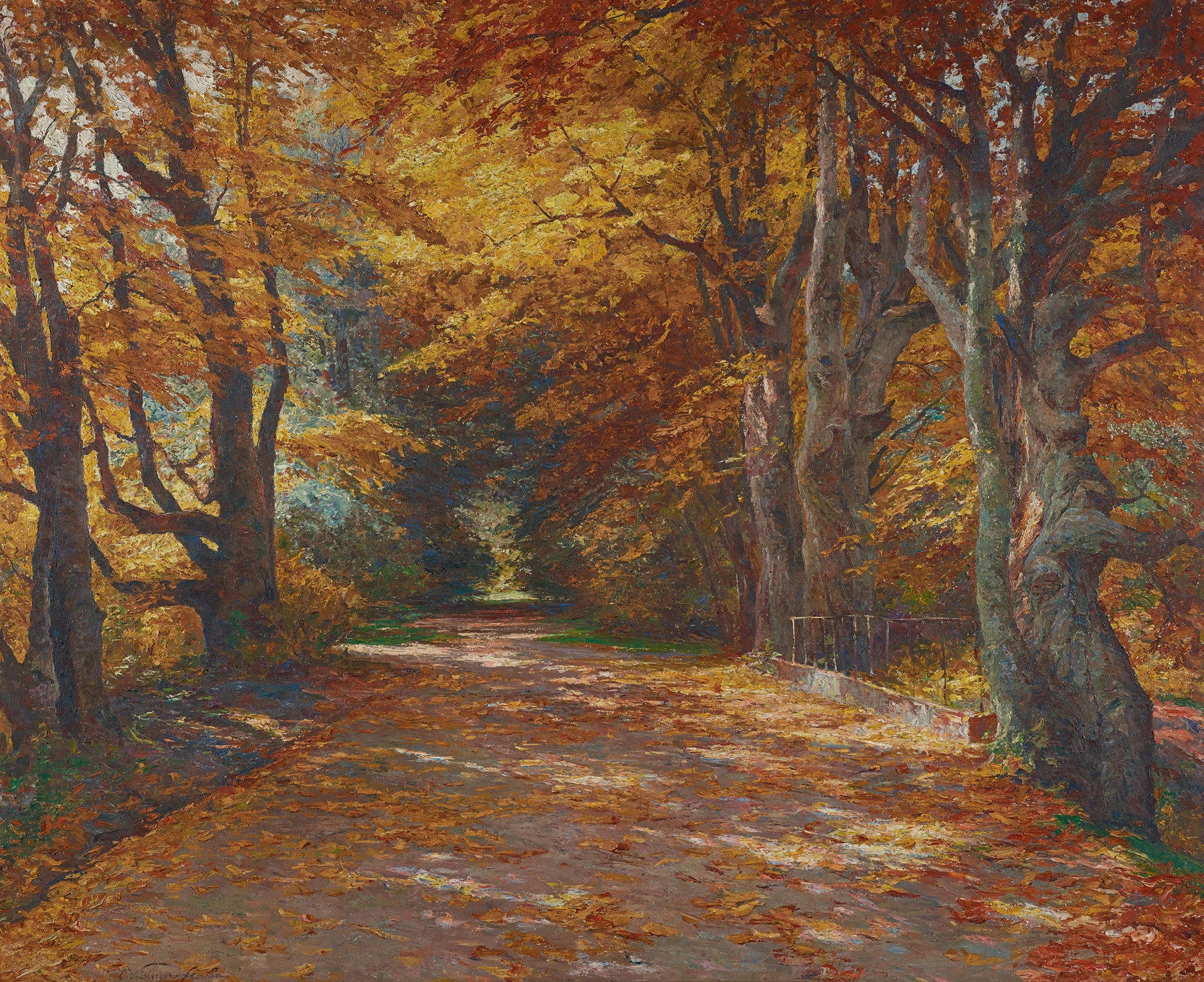 Autumn landscape with golden leaves and trees, oil painting by Olga Wisinger-Florian