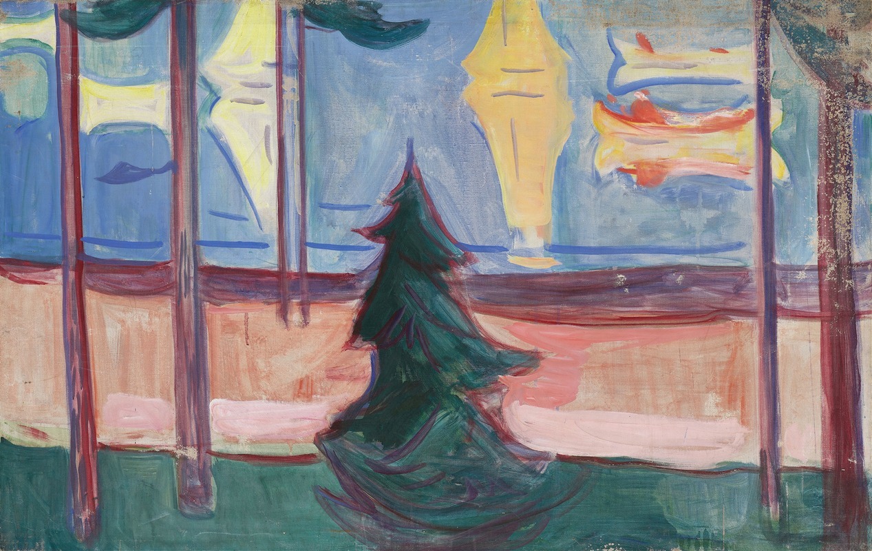 A serene beach landscape painted by Edvard Munch featuring trees and boats.