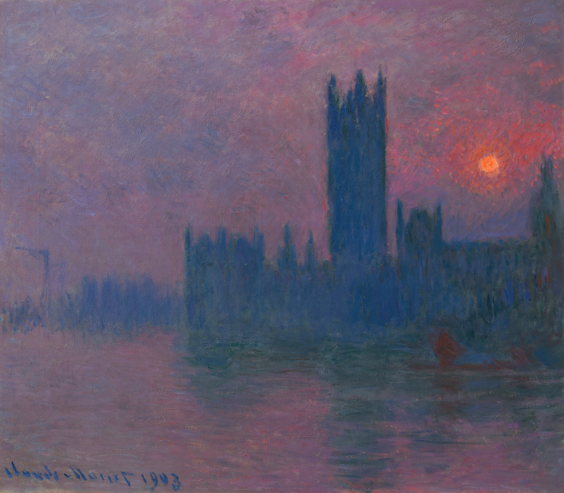 Le Parlement, soleil couchant by Claude Monet, oil on canvas depicting twilight over the Houses of Parliament