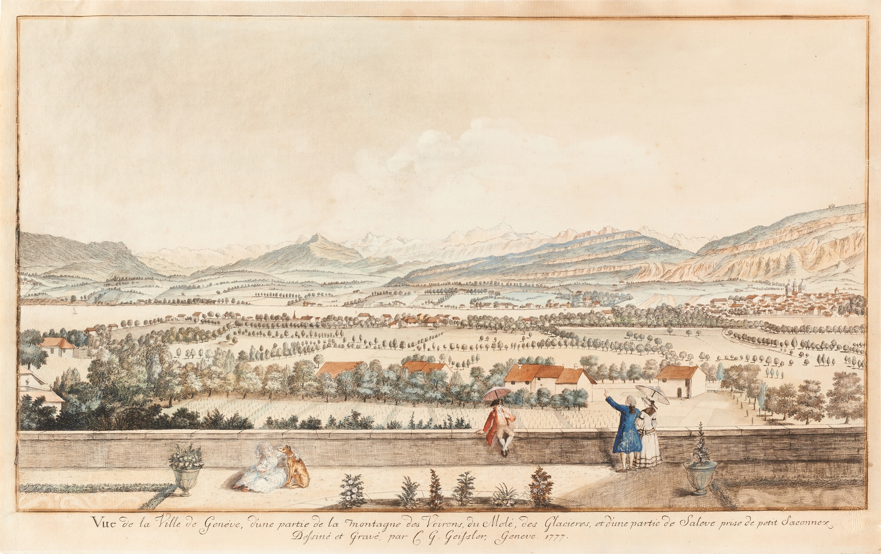 Landscape view of Geneva with mountains and lake by Christian Gottlieb Geissler