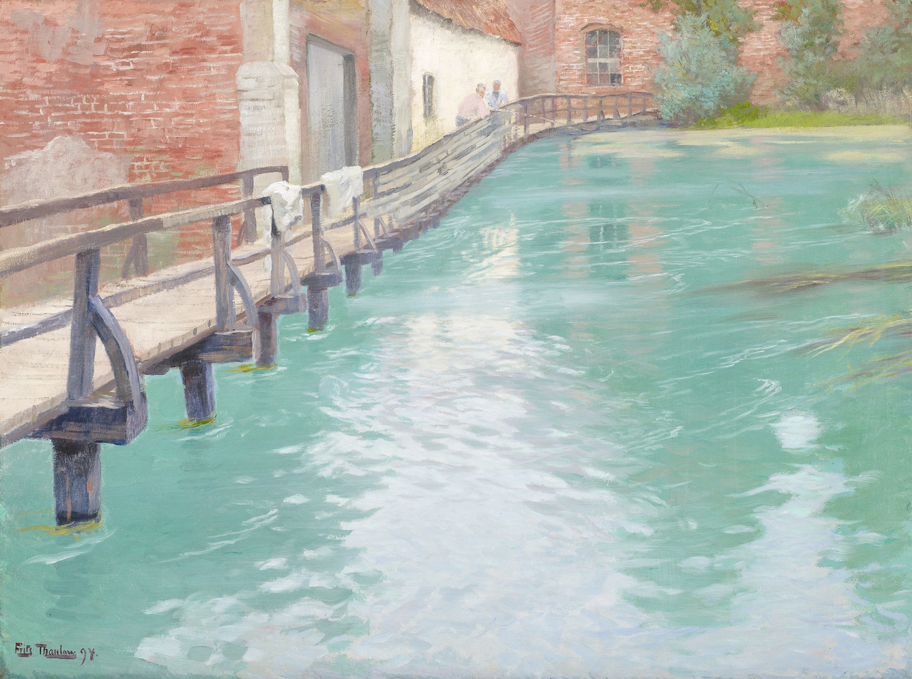 The Mills at Montreuil-sur-Mer, Normandy by Frits Thaulow, oil on canvas depicting windmills at twilight.