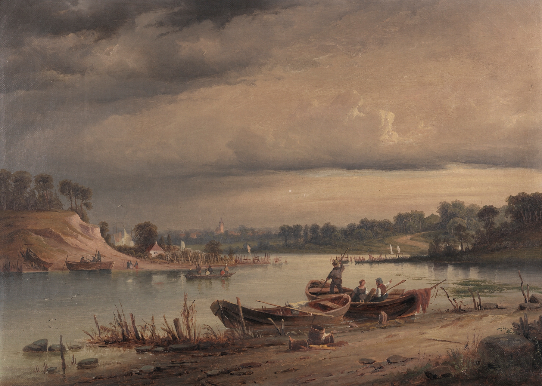 Landscape with fishermen by the river, oil painting by Carl Malchin