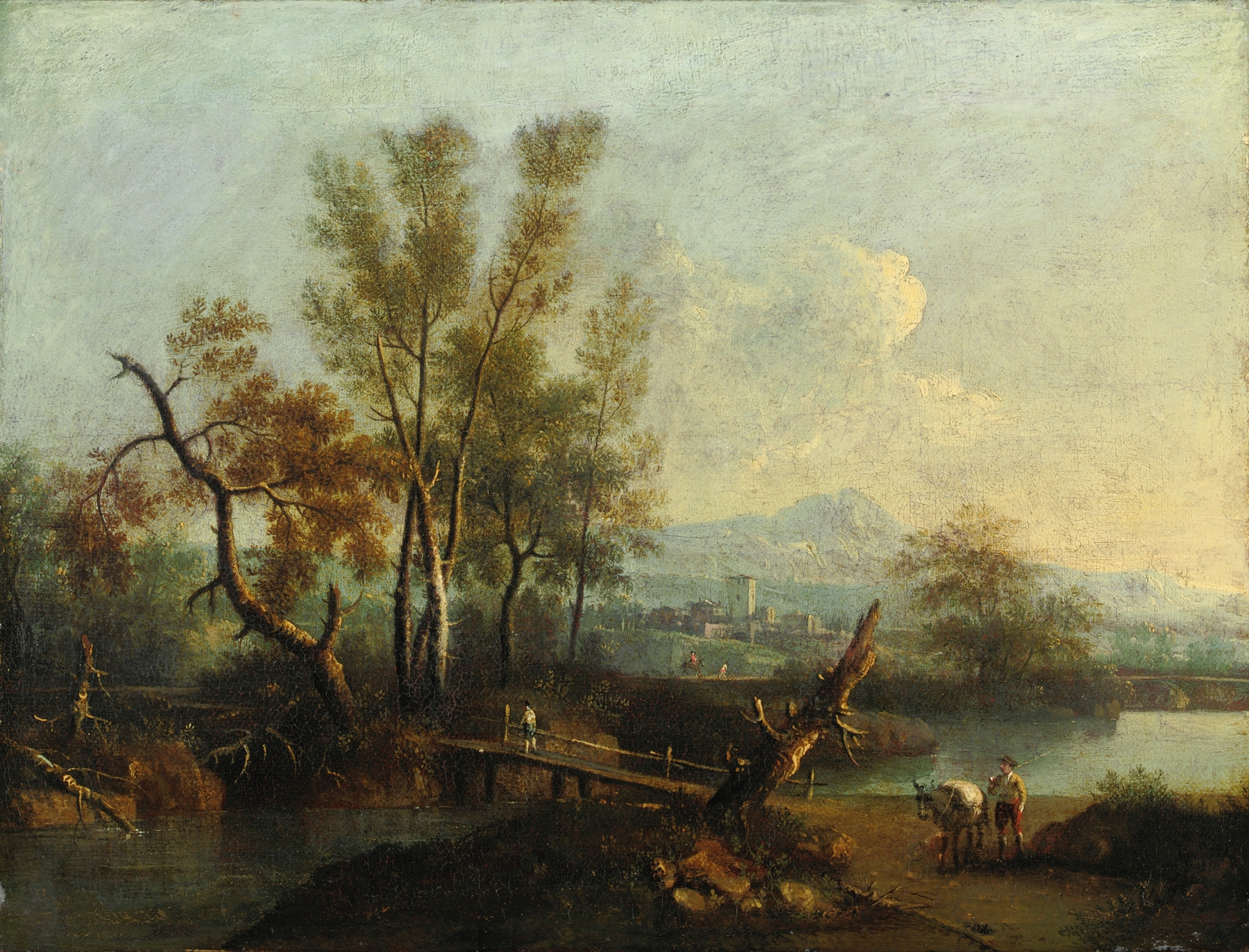 River landscape with figures by Giovanni Battista Cimaroli, oil on canvas