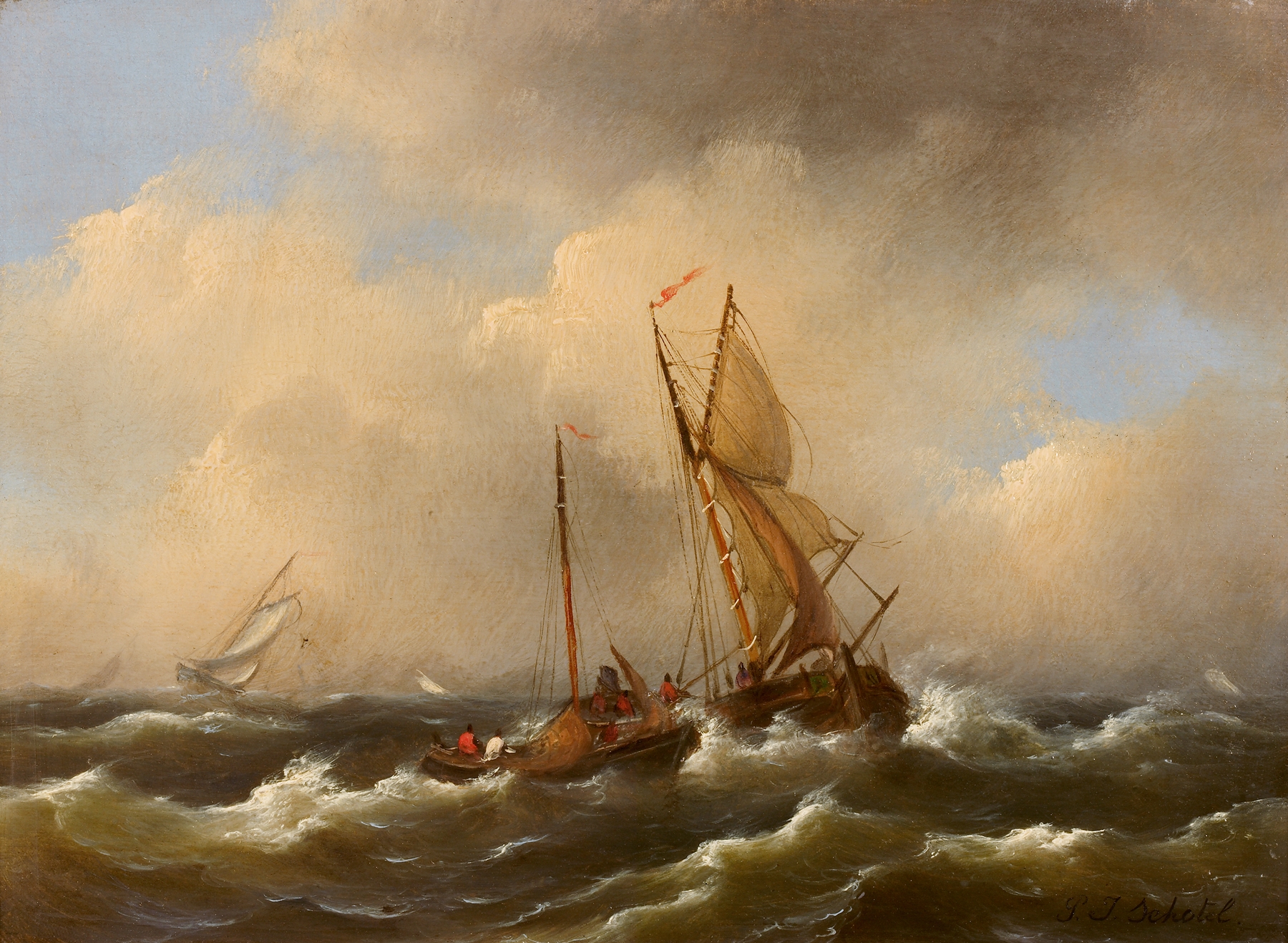 Marine scene with ships on a tumultuous sea by Petrus Johannes Schotel, oil painting