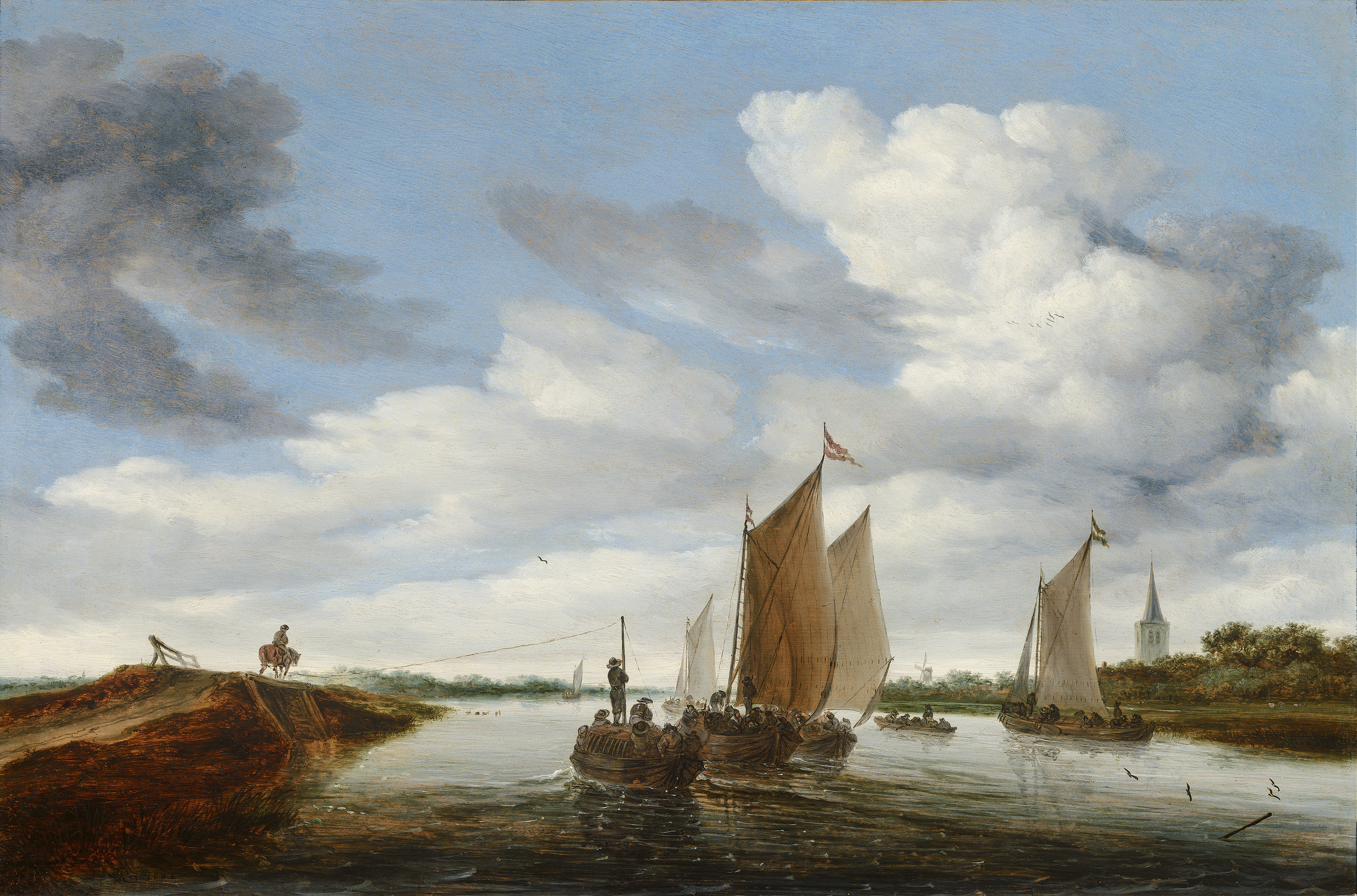 River landscape with sailing boats and a horse-drawn barge by Jacob Salomonsz. van Ruysdael, oil painting