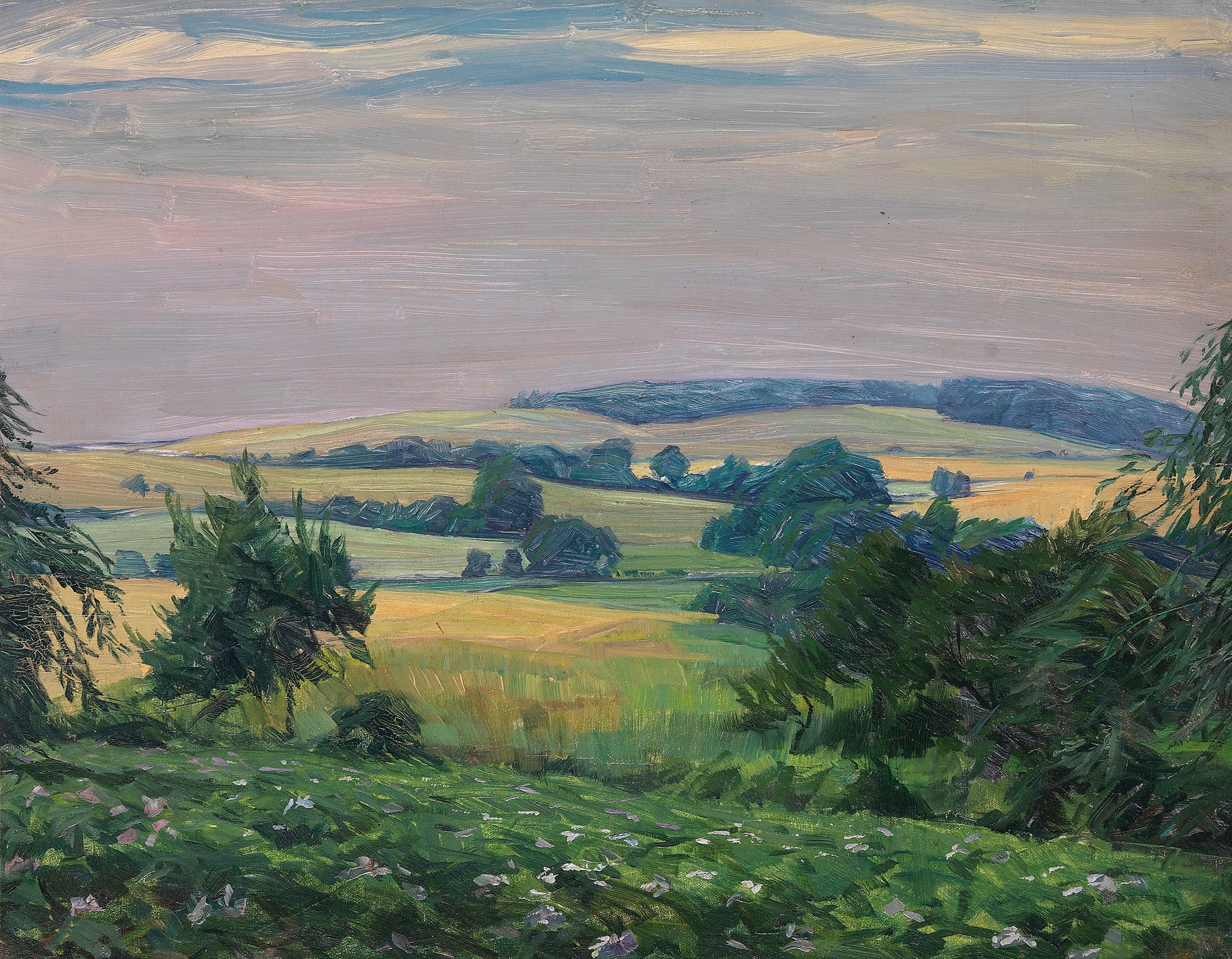 Norddeutsche Hügellandschaft by Eduard Steinbach, oil on canvas depicting rolling hills and soft light.