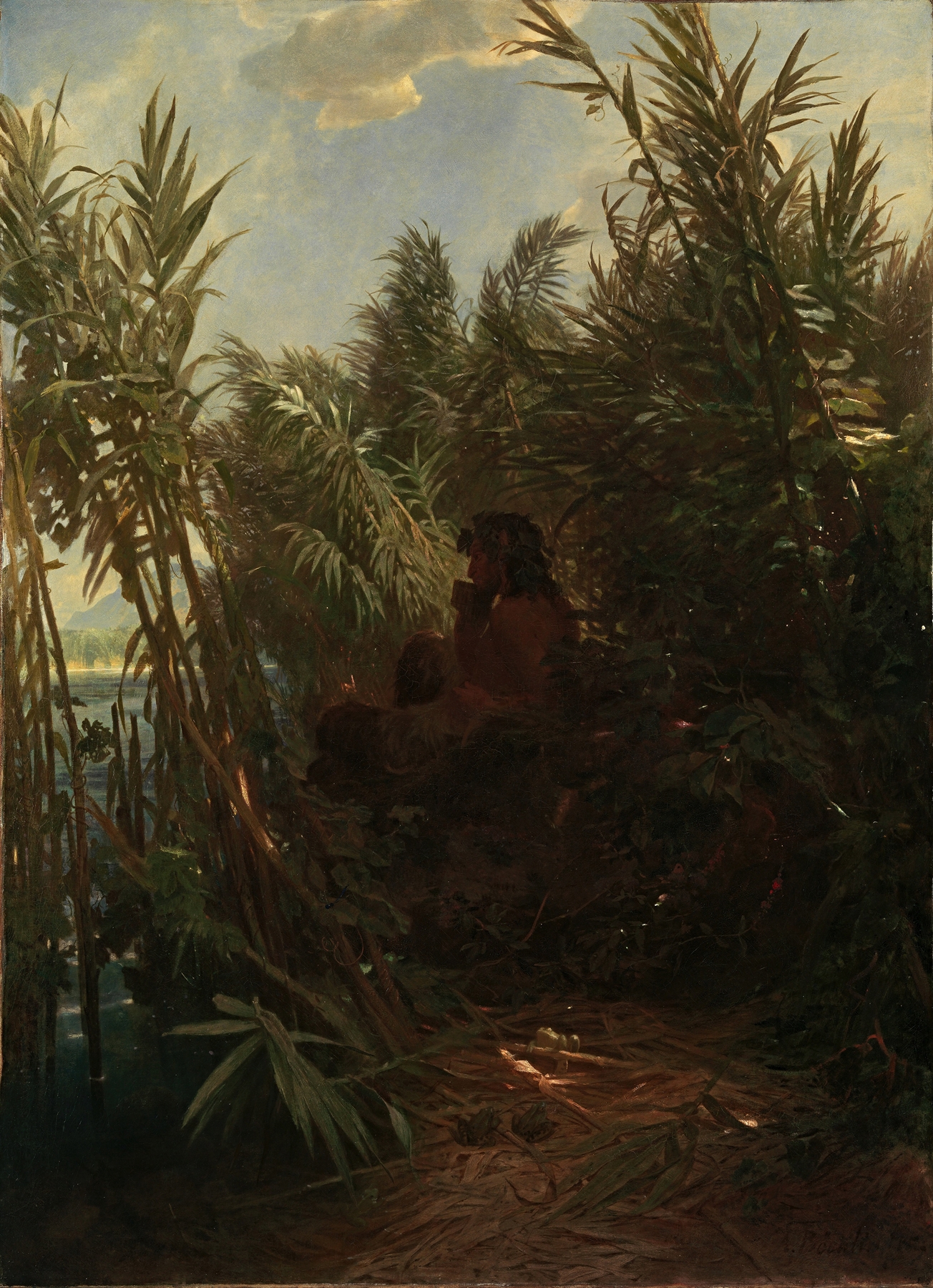 Pan in the Reed by Arnold Böcklin, oil painting depicting Pan among reeds and sunlight.