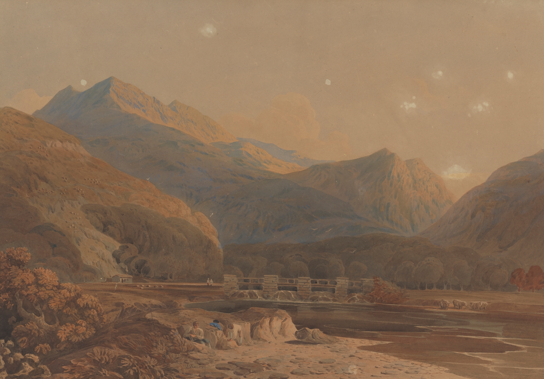 Welsh Mountains by John Varley, oil painting featuring rolling hills and a vibrant sky.