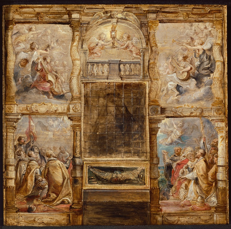 The Adoration of the Eucharist by Peter Paul Rubens, oil on panel, depicting worshippers around an altar.