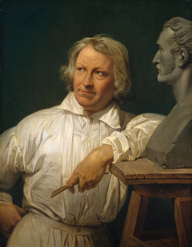 This painting depicts Bertel Thorvaldsen with the bust of Horace Vernet.