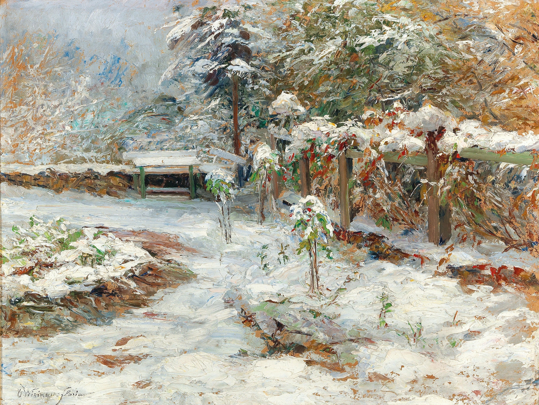 October snow oil painting by Olga Wisinger-Florian depicting a garden with flowers and a castle in winter